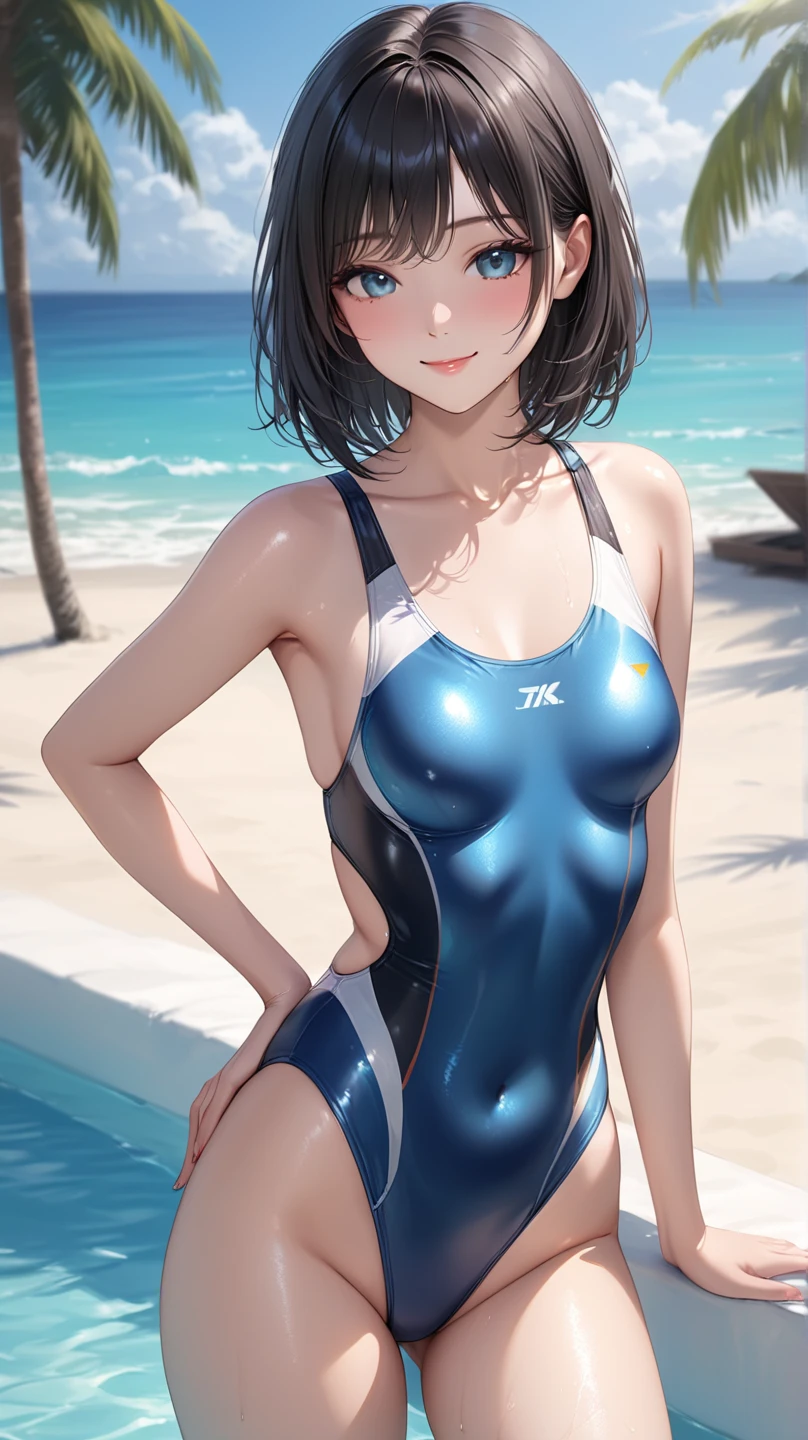 ((rash guard)), ((swimsuit sides see-through)), ((The swimsuit is a vivid color)), holographic fabric, skindentation, skinny, solo, 1 woman, Masterpiece, highest quality, highest quality, 16K, incredibly absurd, highly detailed, 2.5D, ai-generated, delicate and dynamic, very delicate facial expressions, delicate eye depiction, erotic, only sexy woman, ((A cute and kind face)), healthy figure, 25-year-old woman, bride, 160cm tall, medium firm swaying bust, (dark hair), black eye, blush, Sweat,Embarrassed,sexy, ((thin thighs)), (Erect nipples:0.7), (visible nipples:0.5), ((shiny and lustrous)), facing straight at viewer, ((brown black skin)), ((Oily_skin)), sweaty skin, wet skin, (suntan), dutch angle, ((sexy pose)), Dynamic poses, ((Summer Sea)), Strong sunlight, ((On the open sea)), ((sexy pose)), (((Have fun in the sea))),