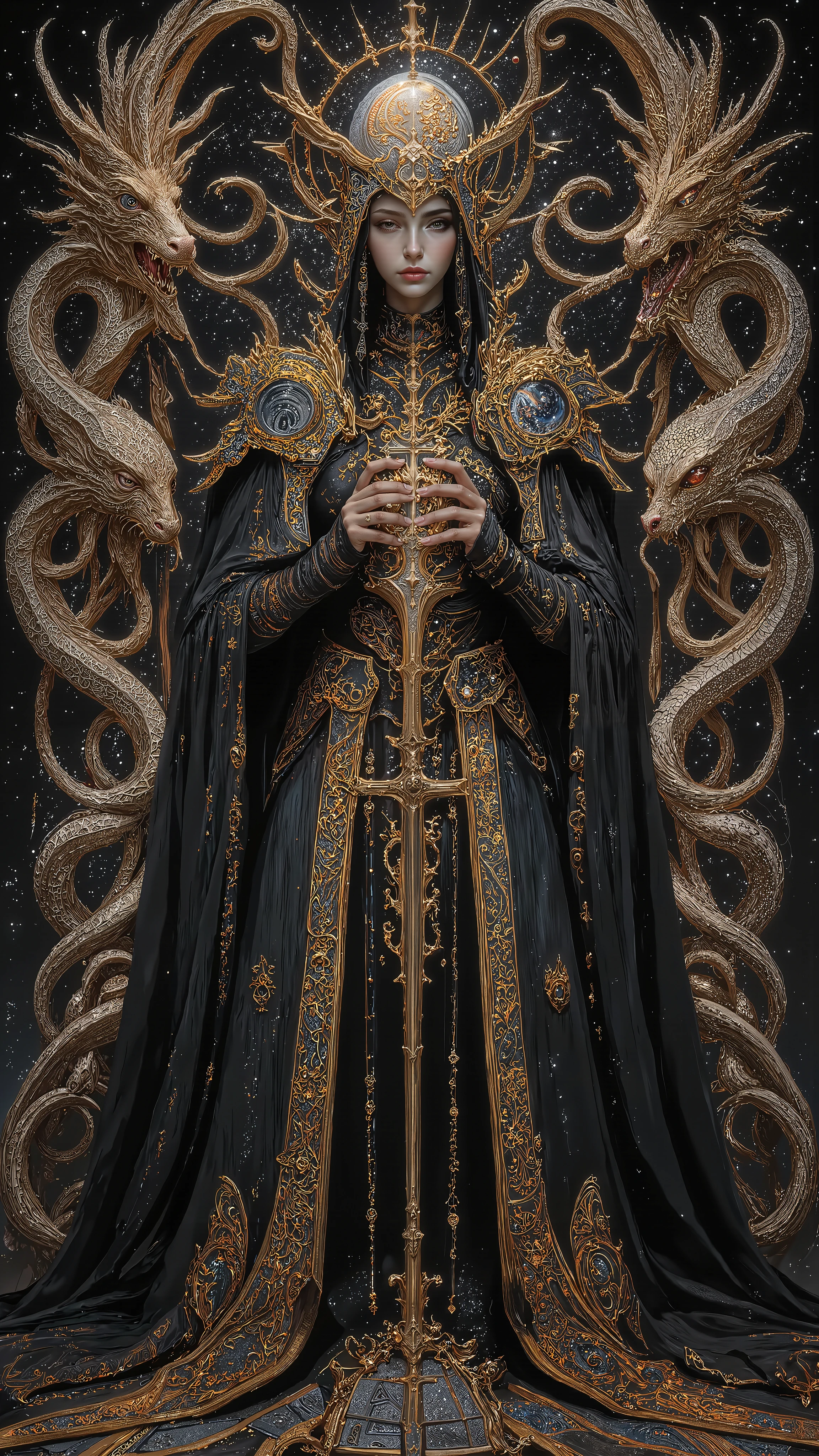 Surreal Painting,  An extravagant, mysterious female figure dressed in intricately embroidered black and white medieval clothing that fits her form perfectly , A jeweled rosary necklace with a large crucifix rests on her shoulder,Allusions to a historical or religious background or past lives, her hands are tightly gripping a very ancient illuminated book of Alchemy glowing with ancient magics and Angelic Enochian magic, with arcane graphs and suggesting studiousness and contemplation, A number of abstract shapes and dragon heads, cyclops things and creatures of myth blend seamlessly around the mysterious figure's head,Set against a vivid , an alien cosmic montage of strange vistas of backdrop, Jagged iridescent geometric shapes, The background features celestial bodies such as planets and moons,Above these shapes are disarticulated eyes,Adding to the dreamy, mysterious atmosphere, The scene is set in a dark, expansive temple open to the sky, Suggesting a journey through time and space, The contrast of light and shadow, Fantastic Mood, A visually appealing piece, Deep symbolism, Various interpretations.6