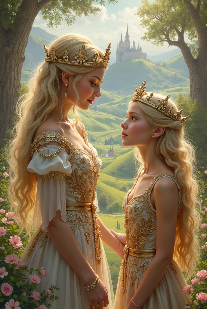 blonde with a crown on her head posing for a photographer, Detailed matte fantasy portrait, girl Blonde princess, Portrait of the Queen of Light, beautiful fantasy art portrait, beautiful fantasy portrait, blonde - haired princess, highly detailed vfx portrait of, portrait of a princess, Beautiful little princess, fantasy art portrait, matte painting portrait shot, fantasy portrait, fantasy portrait art