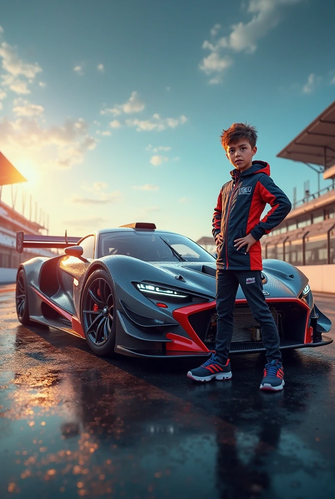 arafed image of two children standing next to a blue sports car, reality