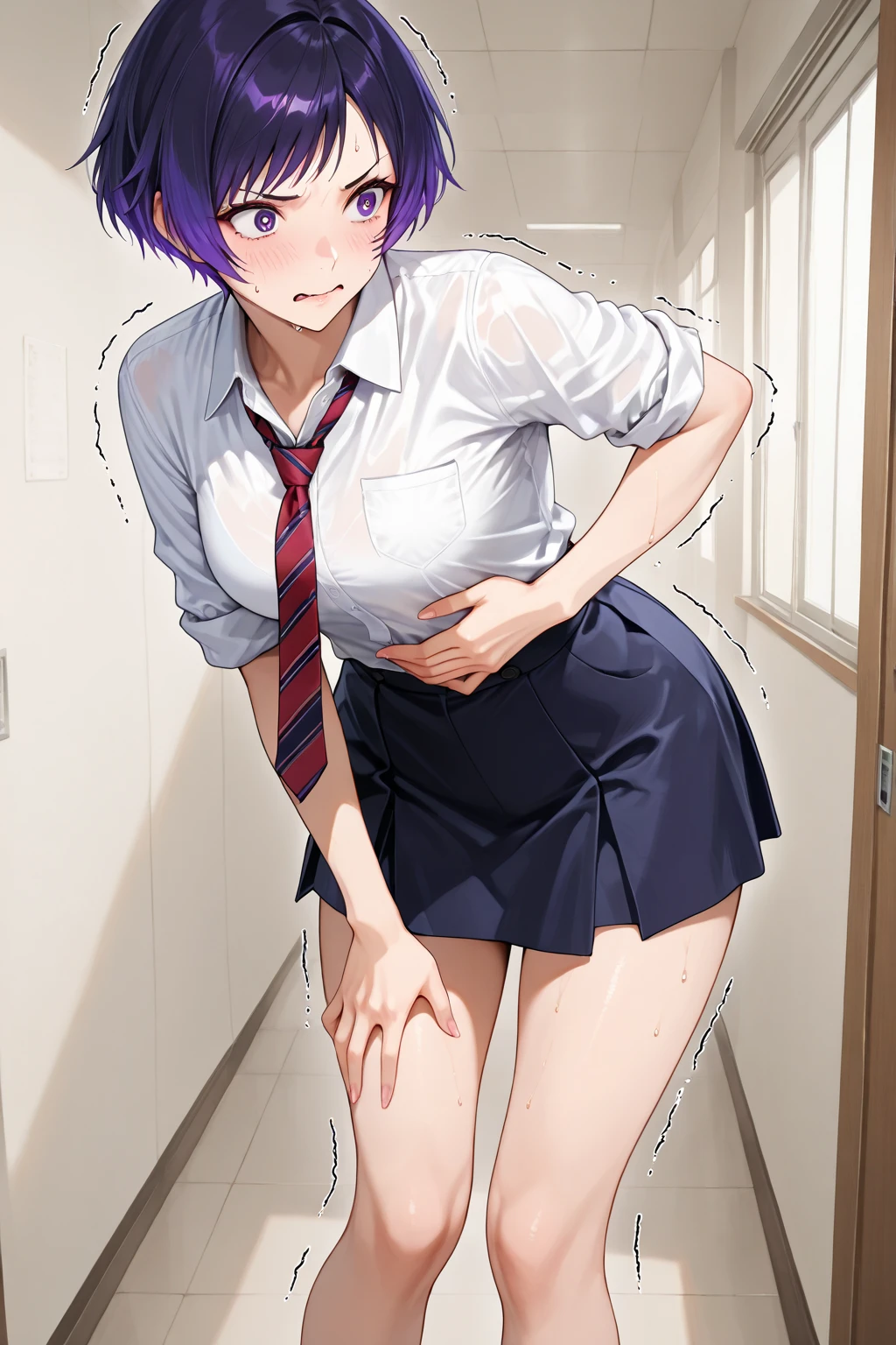 (highest quality:1.2), Very detailed, digital coloring, High Contrast, (masterpiece:1.2), highest quality, Best aesthetics, simple background,(looking away:1.4),beautiful lighting, one femboy, flat chest, cold stare, lemon yellow eyes, Meticulous Eyelash Details, detailed face, (hot gaze, Hot, Glossy, Open Mouth, Leaking sigh), white shirt, blue tie, ((anime style, 2D)), purple hair, Bob cut,