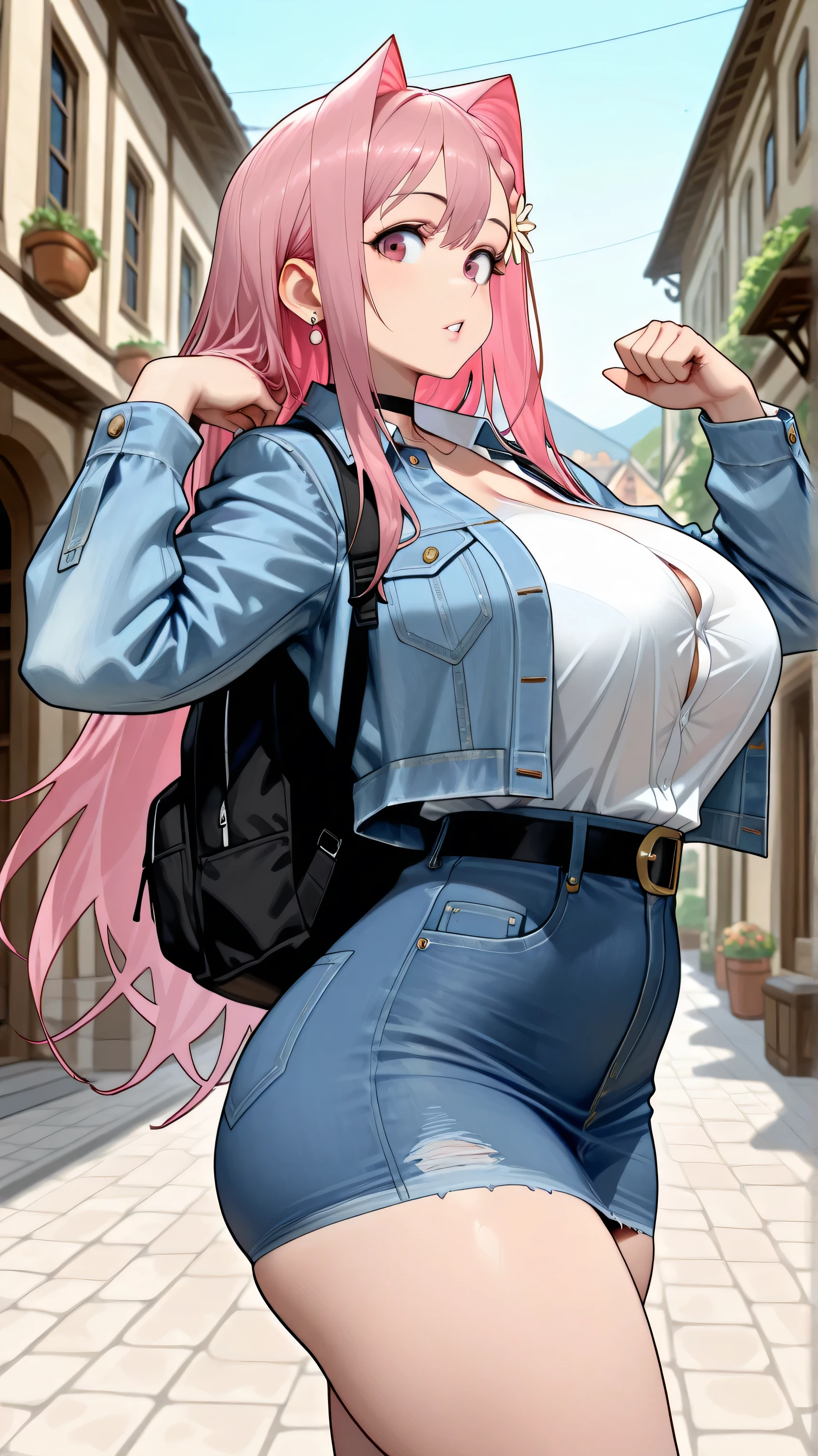 score_9, score_8_up, score_7_up, 1lady, mkhekaren, long hair, pink hair, hair intakes, braid, hair flower, large breasts, perfect attractive curvy slim body, charming beauty, gorgeous body shapes, large breasts, big hips, thick thighs, huge ass, solo (Sexy Photoshoot), (Masterpiece, Best Quality), black choker, jacket, denim, denim jacket, jewelry, earrings, long sleeves, shirt, skirt, belt, stripes, black backpack, Charming beauty, lookin at viewer, parted lips, dynamic pose, sexy pose, standing, Italian village background, sunny