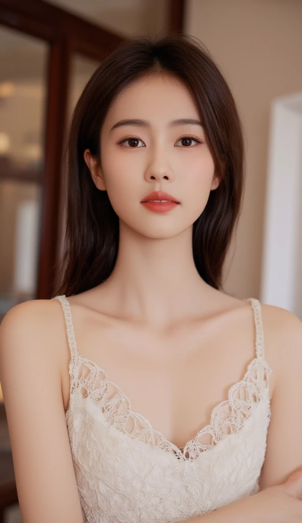 Create a (( mid-shot )) photorealistic image of a beautiful Asian woman with fair, smooth, flawless skin. She has large, round, sparkling eyes with naturally long and curled eyelashes, and well-defined, dark eyebrows. Her nose is straight and high, and her naturally pink, soft lips form a gentle smile. She has short, slightly curled brown hair that highlights her delicate facial features. Her face is oval-shaped, with a wide and high forehead, moderately high cheekbones, and a pointed, slender chin. She is wearing a white bra that complements her elegant and feminine appearance. (( waist to top))