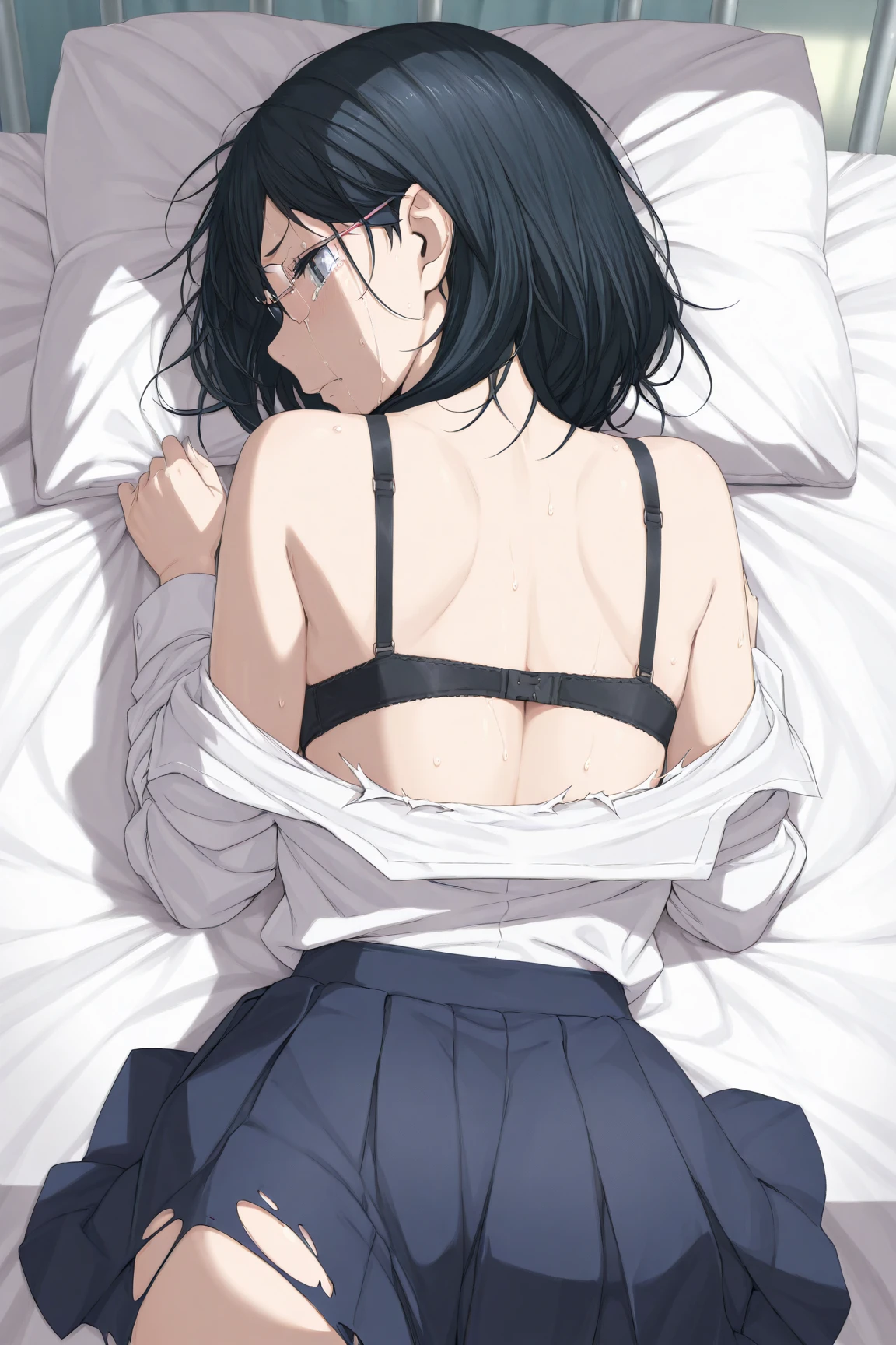 very thin cute girl 12 years old in very short white swimming trunks that have slipped down Shy. Lying in bed, back to camera, Slim ass detailed visible through swimming trunks