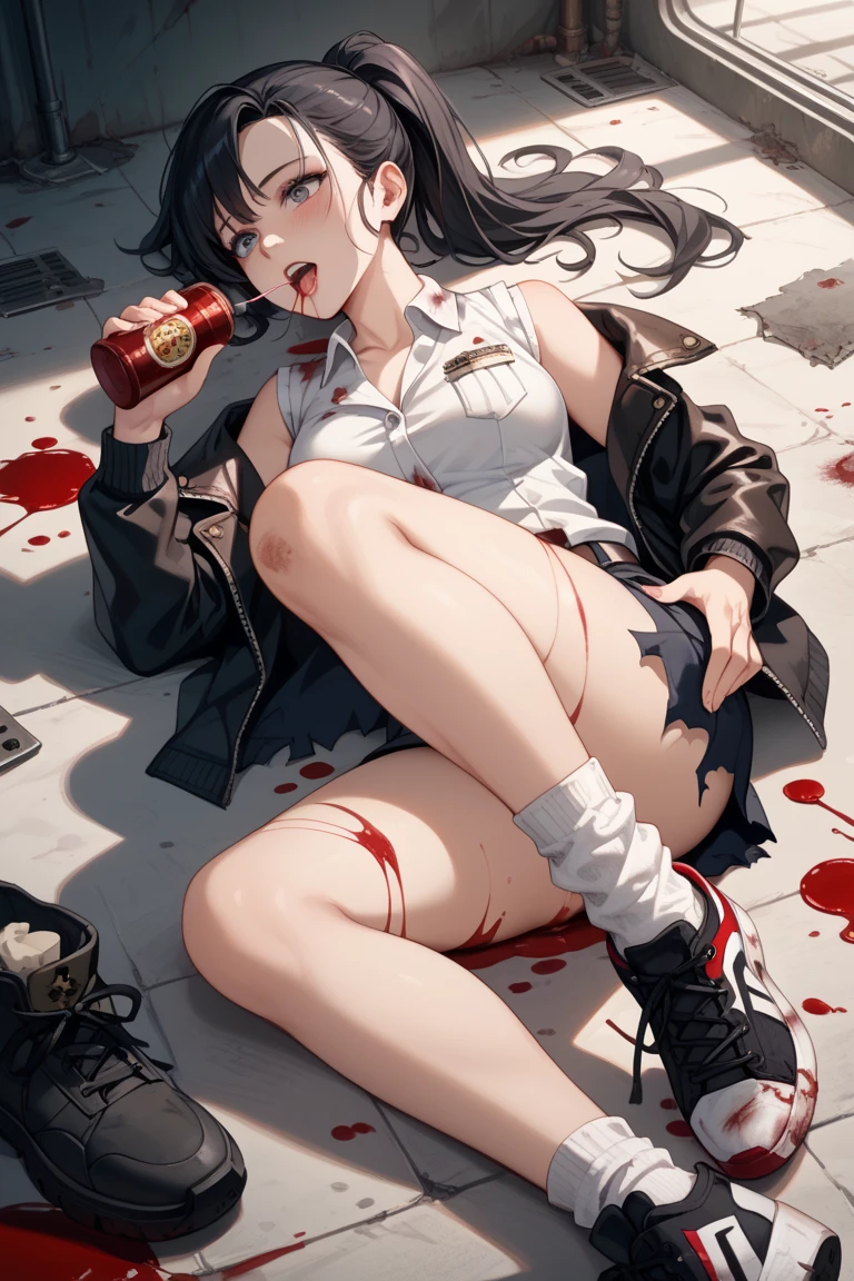 masterpiece, best quality, perfect face, perfect pussy, cute face, nsfw, sleeping, (spread pussy), excessive pussy juice, excessive cum on body, excessive cum on face, lie on concrete, night, dark alley, sleeping, shoes taken off, pantie taken off, clothes taken off, wear jacket, open mouth, out tongue, sweat, liquor bottles, liquor cans, barefeet, school uniform, blush