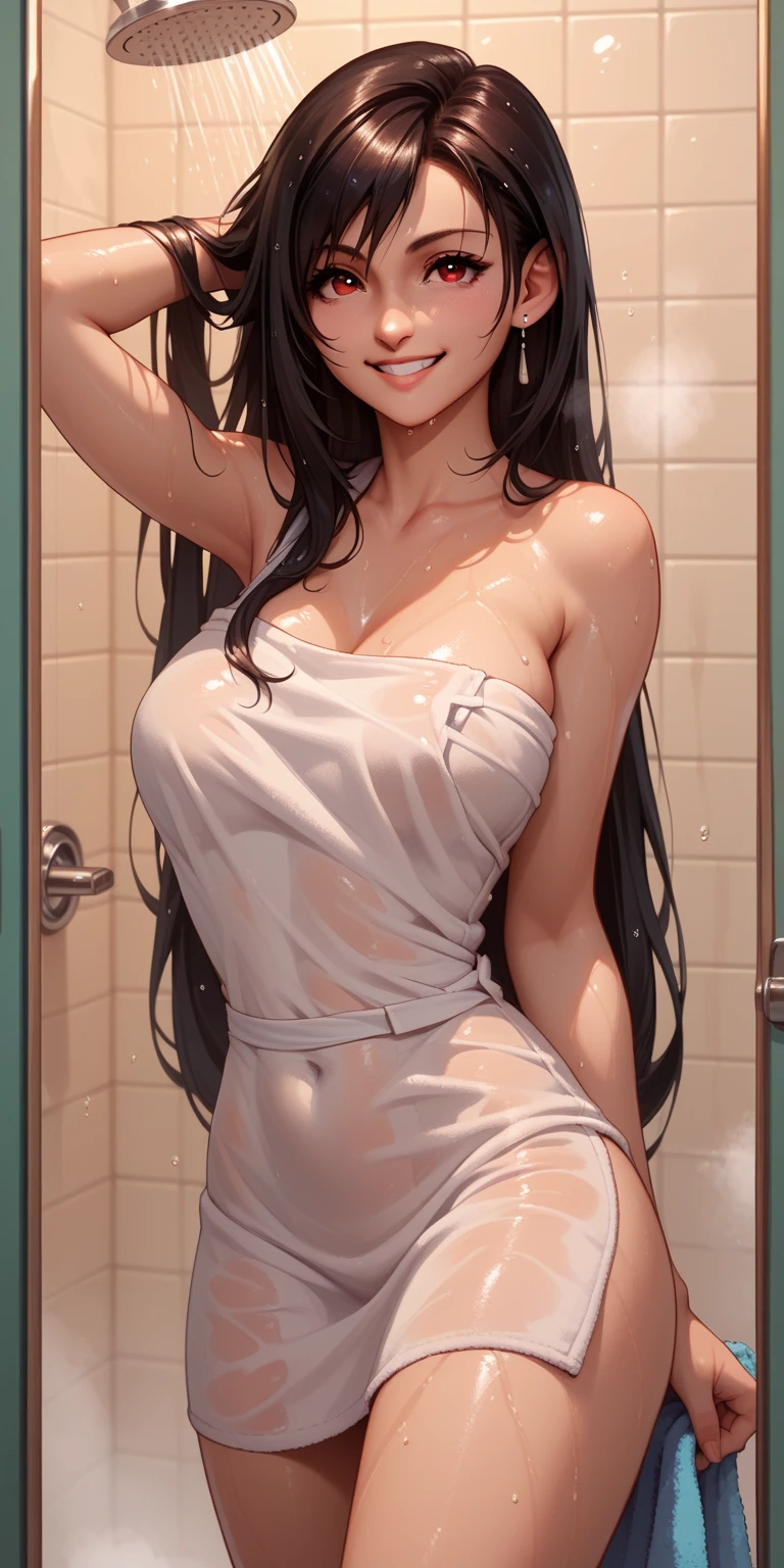 (Beautiful brunette woman with long, straight, wet black hair wrapped in a black towel), (seductively posing in a bath, Taking a bath, water drops cascading and splashing), (full-length figure), (Surrounded by the ambiance of baroque style drawings of curls adorning the bathroom walls), (Candles softly illuminating the room, casting a warm and inviting glow), (Detailed close-up of her face, revealing her captivating features), (A masterpiece of artistry and sensuality: 1.3), (Best quality rendering: 1.3), (High resolution, Every pixel perfectly rendered), (Realistic