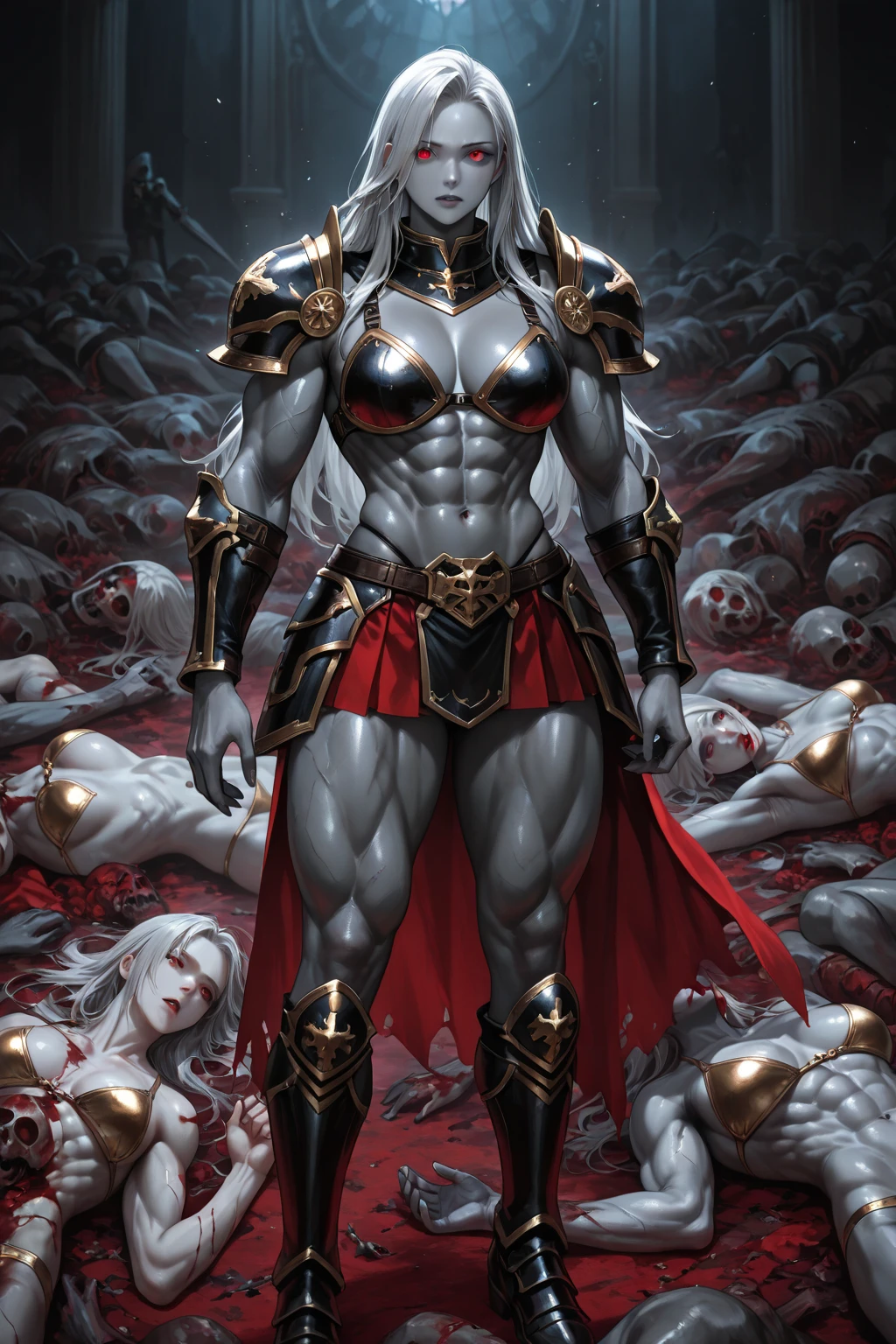 arafed female with a sword and blood on her body, muscular  woman, mark brooks detailed, strong blooded body, inspired by Rob Liefeld, full body close-up shot, by Zoltan Boros, by Eddie Mendoza, strong and imposing, rossdraws and boris vallejo, [ trending on cgsociety ]!!, by Ignacio Zuloaga