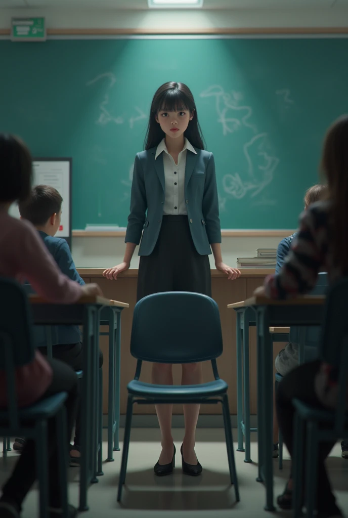 "The teacher is standing in the foreground, with the blackboard behind them. A 1 boy in a school uniform is sitting at a desk in a classroom, facing the teacher. The boy looks anxious and distressed, clearly unable to focus on the lesson. Other students are present in the classroom, but their attention is focused elsewhere, creating a background of typical classroom activity."