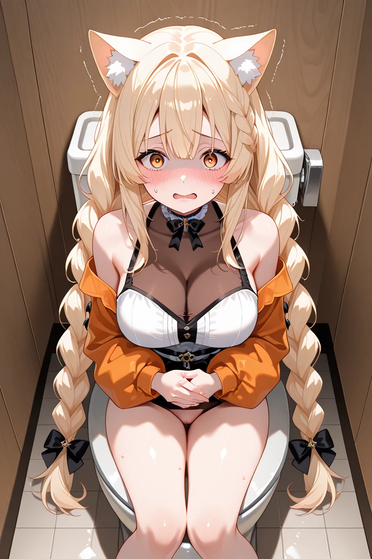 underground room,(((Sitting on a white toilet seat))),Fastening your hands to the wall,duct tape leg restraint,Fastened with a chain,Red collar, (((nude))),Cute little loli,Tiny Lori,Little Girl,Small body,Childish face, Very fine clean face,Highest Quality, Big eyes,((Straight hair)),((Yellow hair)),((Crimson Eye)),
blush,Open mouth,