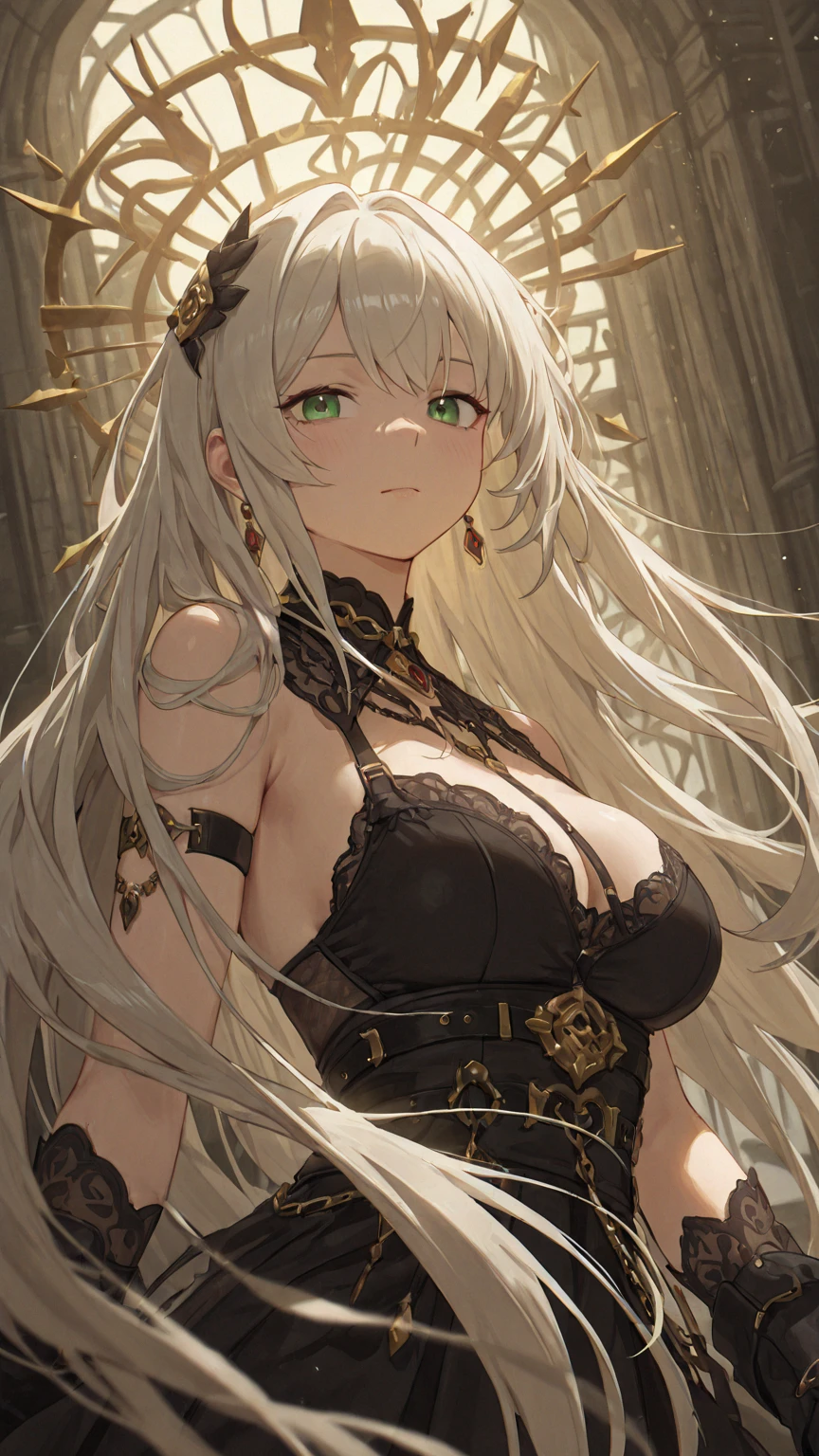 masterpiece, high quality, illustration, extremely detailed, cg unity 8k, 1_women, (upper body), (Caucasian skin_complexion:1.4),mature, statuesque, tall, beautiful, exotic, (((looking away from viewer))), large breasts, shocked expression, surprised face, nsfw, chest window, ((cleavage)), and halter dress, (black) ((diaphanous sparkling dress)) with gold trim, tiara, (elbow gloves), long (((white hair))), realistic and detailed face having (yellow eyes), ((dark_eyeliner)), long_eyelashes), natural dynamic lighting casts detailed shadows, castle room, (paintings on walls), marble columns,