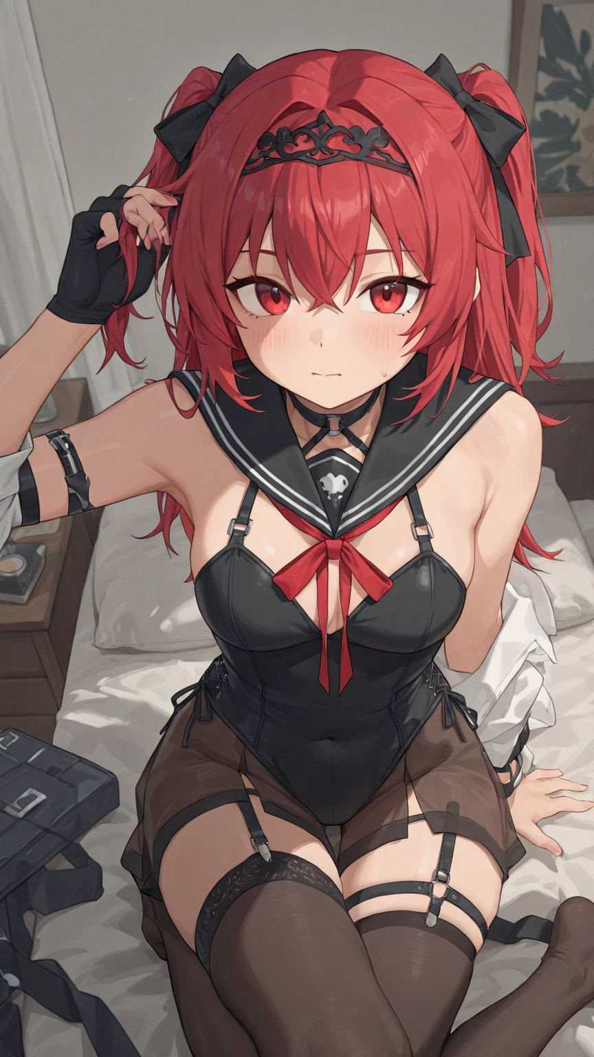 An anime girl with red hair and blue eyes wearing a skirt and an open shirt revealing a black and red bra