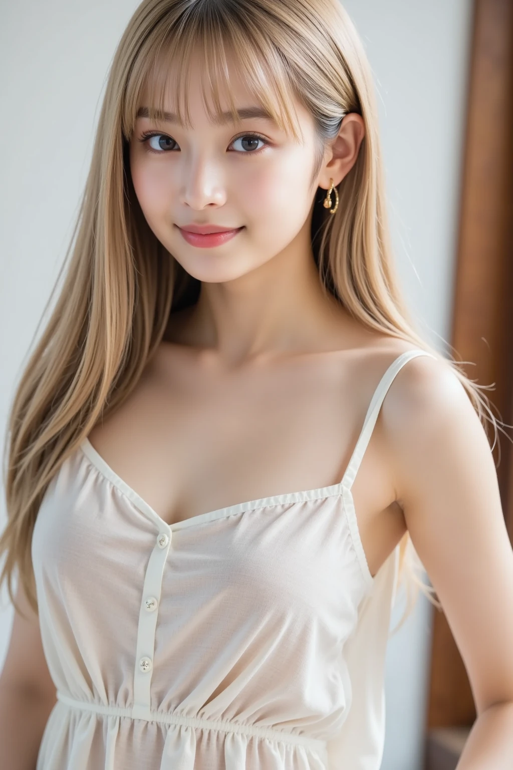 highest quality, figure, super detailed, finely, High resolution, 8k wallpaper, 完璧なダイナミックな構figure, beautiful skin, (big eyes), 20 year old beautiful girl, natural color lip, (sexy pose), mid chest, smile, Highly detailed face and skin texture, Detailed eyes, Double eyelid,leaking teeth and laughing, close-up, beige long hair, (beige cutter shirt:1.2), beautiful scenery