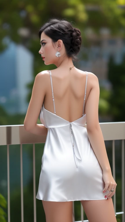 8k, masterpiece, RAW photo, best quality, photorealistic, extremely detailed CG unity 8k wallpaper, Depth of field, Cinematic Light, Lens Flare, Ray tracing, (extremely beautiful face, beautiful lips, beautiful eyes), intricate detail face, ((ultra detailed skin)) 1girl, in the dark, deep shadow, pretty asian girl, ((looking at viewer)),(big smile), (blurry background), midnight, (pretty girl), earrings, bracelets, necklace, clear eyes, (pale skin), face forward, (big eyes), (looking at viewer), large breasts ,((smile)), rooftop, dim lights, ((night)), cityscape, blue eyes, see through gown, long gown, red sleeping gown, open breast, veranda, very slim, (medium butt), see through, thick thighs, open breast, (back shot), focus on ass, naked