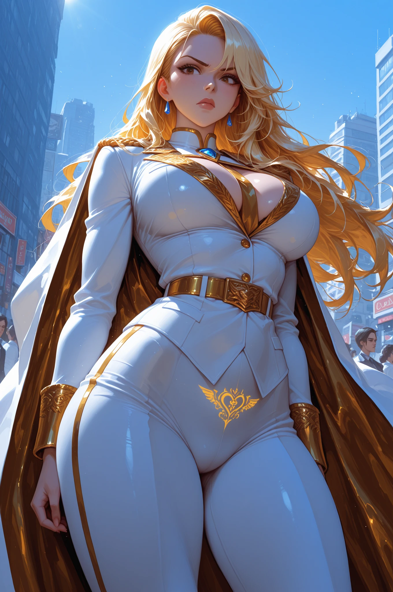 (((earth-chan, Holy Terra, sublime, majestic,))), ((White Navy Uniform, long white Pants, shoulderpads, golden shirt buttons and cufflinks, long cape, military honours, medals,)), ((crossed arms)), Ocean of stars in background, <lora:GoodHands-vanilla:1> <lora:earth-chan:1> <lora:LookingDisgusted_V1:0.4> <lora:add_detail:1>, masterpiece, best quality, hyperrealistic, extremely detailed, highly quality, 4k, sharp focus, professional photograph, sharp focus, award winning, cinematic lighting, octane render, unreal engine, volumetrics dtx, Wallpaper,