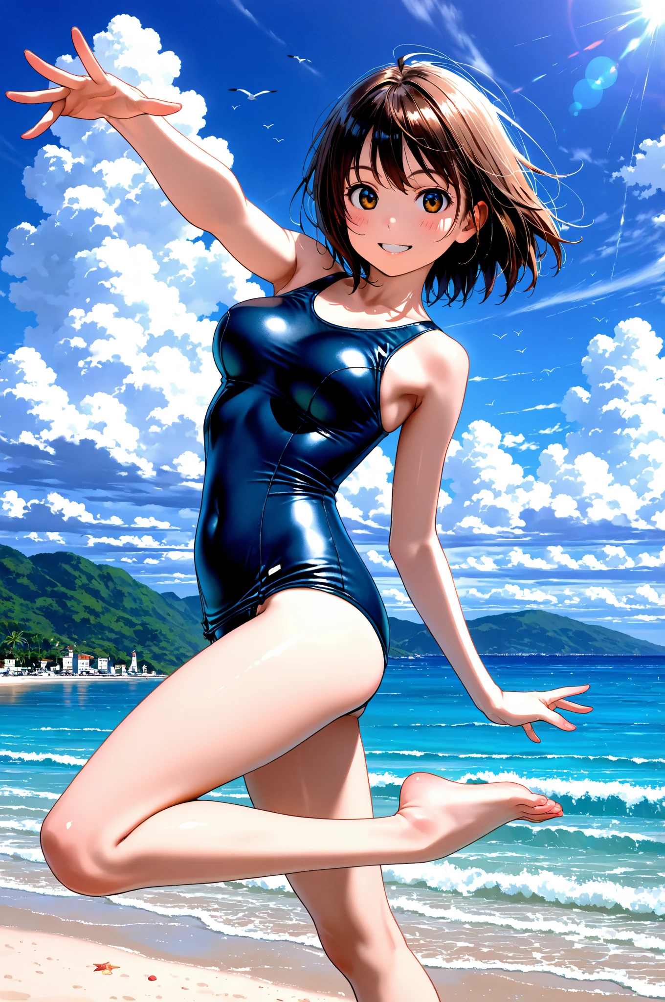 (Masterpiece)), 8k wallpaper,solo, hiyama hikaru, Standing,from side,ass, smile,blushing, wearing only a basic swimsuit and pumps, The shoulder area of the swimsuit is a tank top type without decoration, The waist of the swimsuit is a high-cut leotard type The surface of the swimsuit is slippery.