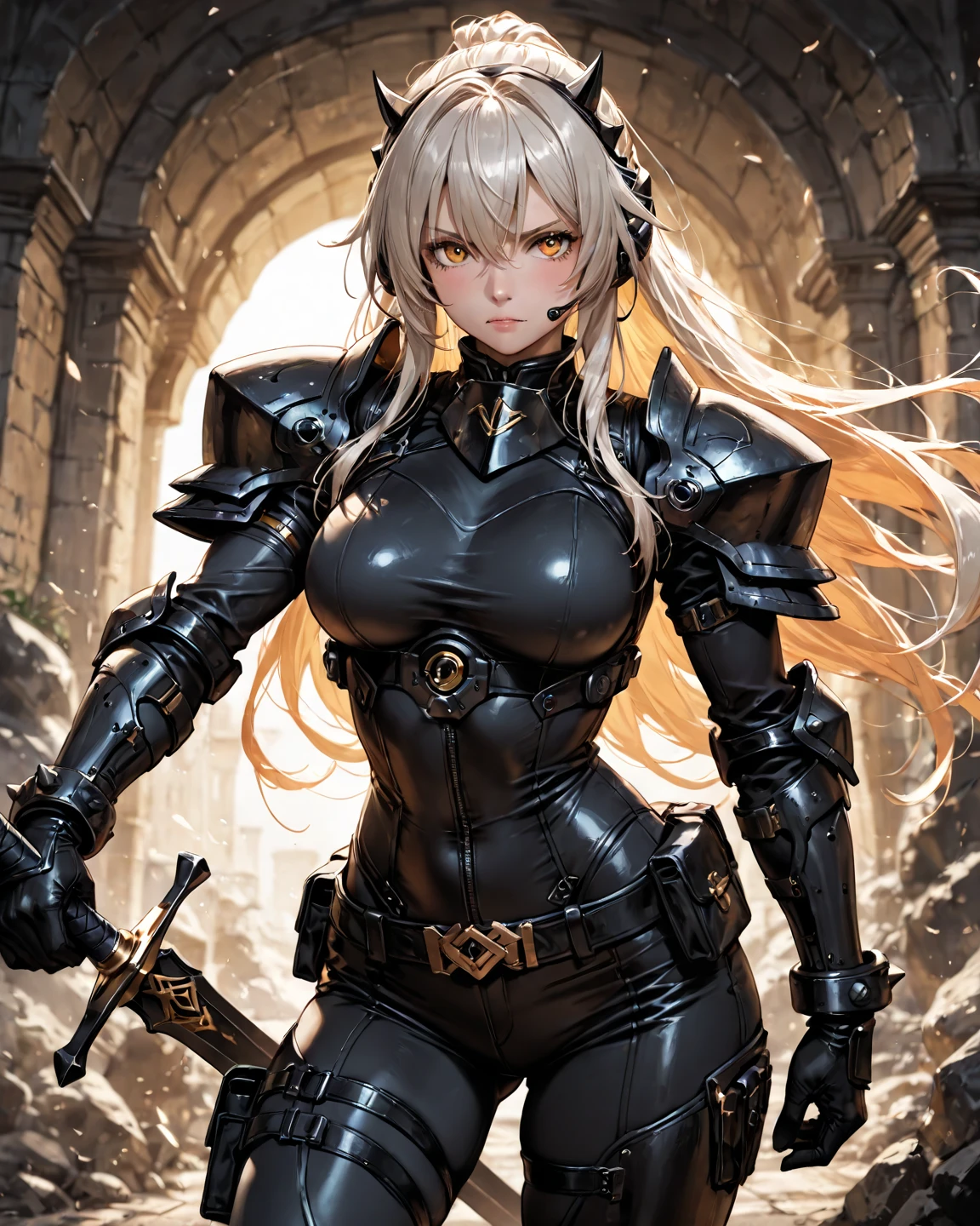 Hot. female knight, wearing plate armor, leather pants, full body, nice thighs, cleavage