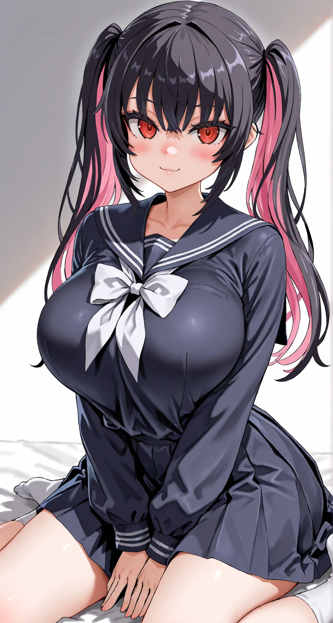 masterpiece, best quality, cinematic, photorealistic, ultra-detailed), (1girl, female Japanese student), (wide shot, from the front:1.4), (wearing a Traditional seifuku with a navy blue skirt and white blouse:1.5), (natural black hair, high ponytail tied with a simple ribbon:1.2), perfect hands, perfect face, (tall height, wide hips, long round legs, sexy legs, round ass), (massive natural soft tits), (hazel eyes, soft and shimmery eyeshadows, detailed pupils, defined eyelashes), (blushing, slightly parted lips, nude pink lips:1.2), (gradient background:1.3), (crouching seductively:1.4)