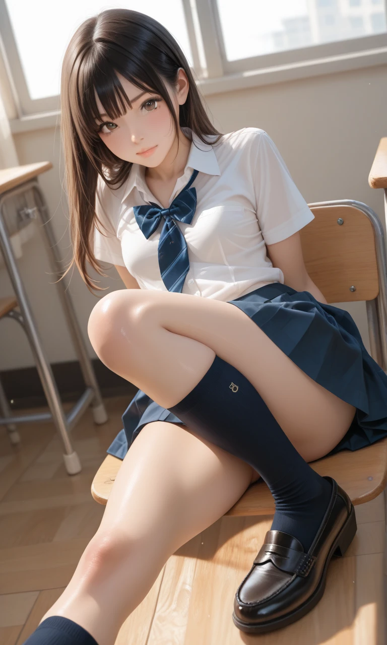 Masterpiece top quality high resolution、Japanese high school uniform, long hair, sit with your knees bent、eight-headed body、beautiful feet 、inside the school、like looking up from below、embarrassing、white lace panties、18-year-old、high school girl