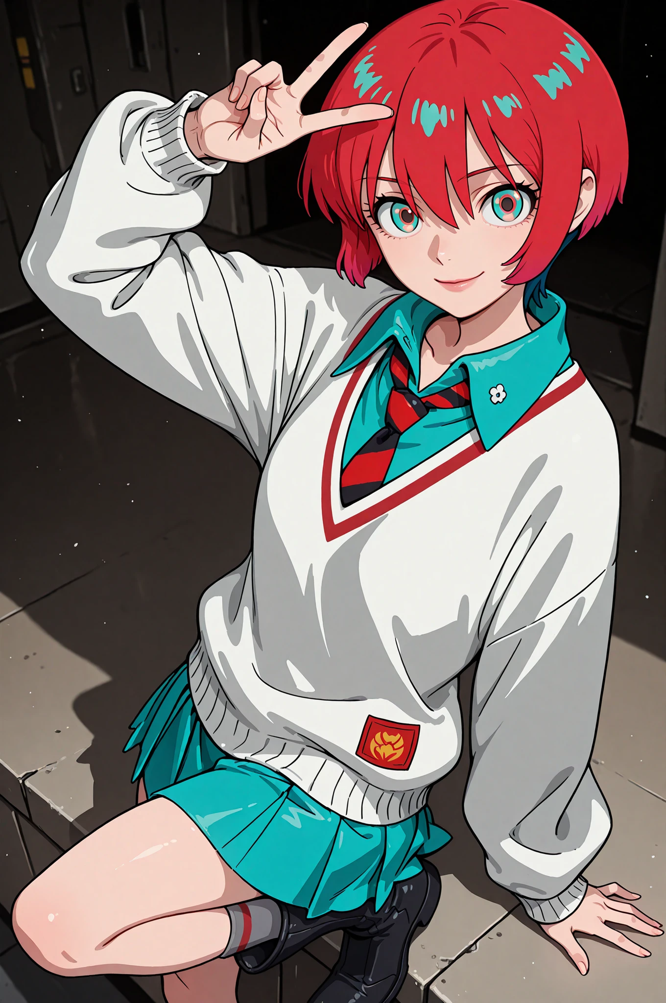 1girl, solo, amate yuzuriha,gundam gquuuuuux, GQuX-amate_yuzuriha, red hair, multicolored hair, short hair, aqua eyes, multicolored eyes, aqua shirt, striped necktie, white sweater, aqua skirt, grey socks, black boots, , looking at viewer, parted lips, , smile, v,