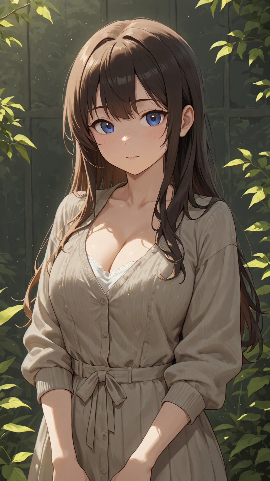 ((Biologically correct number of limbs))、(( 顔を含めたfull body photo))、4K、masterpiece、((focus on the face))、((Symmetrical facial features))、Eyes of minute description、Beautiful woman、outstanding style、beautiful arms、beautiful legs、beautiful hands、slender body、(small ass、thin thighs）、(black stockings、high heels）、Detailed depiction of faces、small earrings、necklace、(upper body cardigan、lower body skirt）、In the forest、sitting diagonally、embarrassed face、Bewitching、Backlight、full body photo、