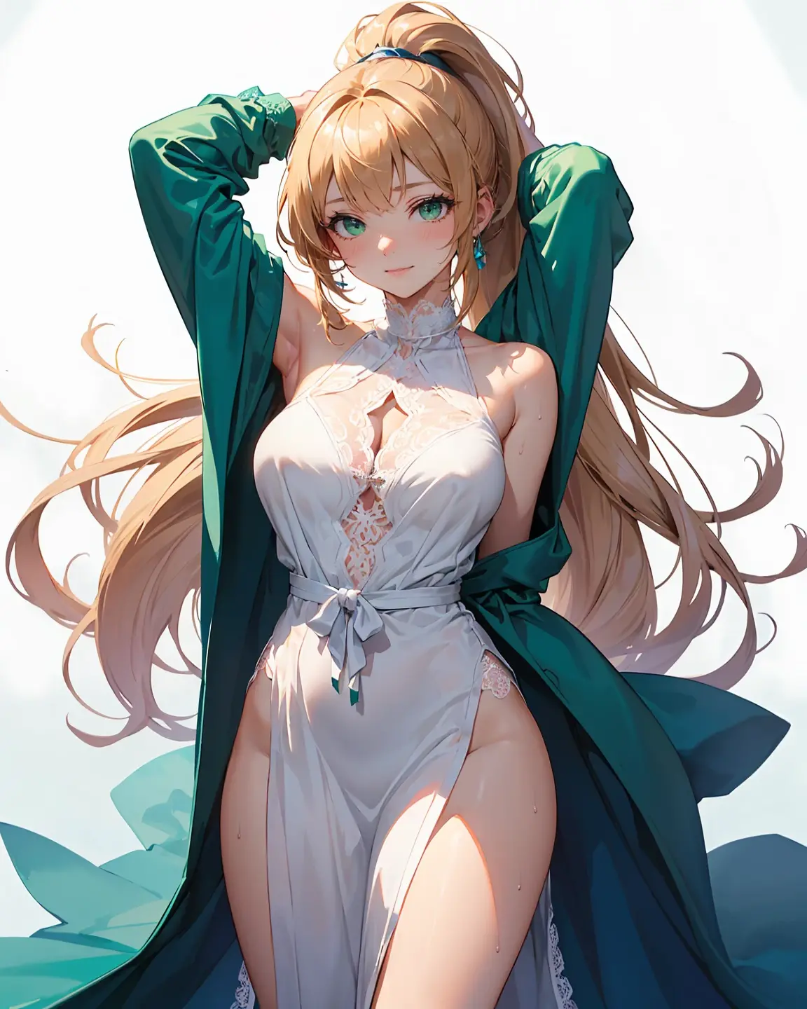 (((best quality, high quality))), ((Masterpiece)), ((((UHD, highres))), It&#39;s like a cartoon in Japan, 1 character, Clear facial features, Simple line design, Transparent background, (tmasterpiece, top Quority, best qualtiy, Clear facial features, beautidful eyes, beauitful face), beautiful, (((simple detailed))) (((white background))), Beautiful woman, elf, pink eyes, long curly hair, no bangs, blonde hair, green highlights, green tips, beak, large breasts, narrow waist, large hips, dress sexy,