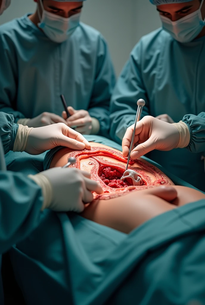 A live-action photo of an evisceration surgical procedure where a busty and completely nude female patient with a ventilator and her whole internal organs exposed is positioned on an operating table in a lateral decubitus position with her legs spread wide. She lies with her left side against the table, tilted towards her ventral side, causing a slight twist in her torso. This position fully exposes her chest, abdomen, perineum, and back, allowing surgeons in hazmat suits to simultaneously approach both the ventral and dorsal sides and perform a continuous incision from her chin down the ventral midline, through the perineum, and along the dorsal midline to the occiput. One surgeon, using a futuristic large handheld electric circular saw, has completed the incision and is now cutting down her pubic bone, while another surgeon continues the incision along her back.