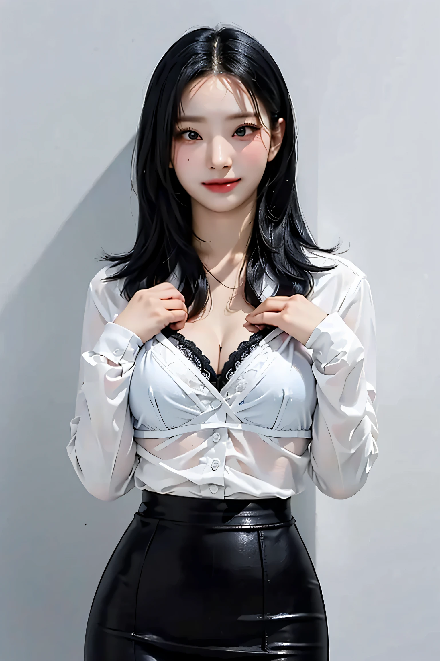 Best quality, masterpiece, ultra high res, (photorealistic: 1), saerom, 1girl, solo, pretty girl,
Light smile, female police inspector, wearing a white button shirt, pencil skirt. cleavage, lace black bra,
perfect breasts:0.3,
wide hip:0.4,