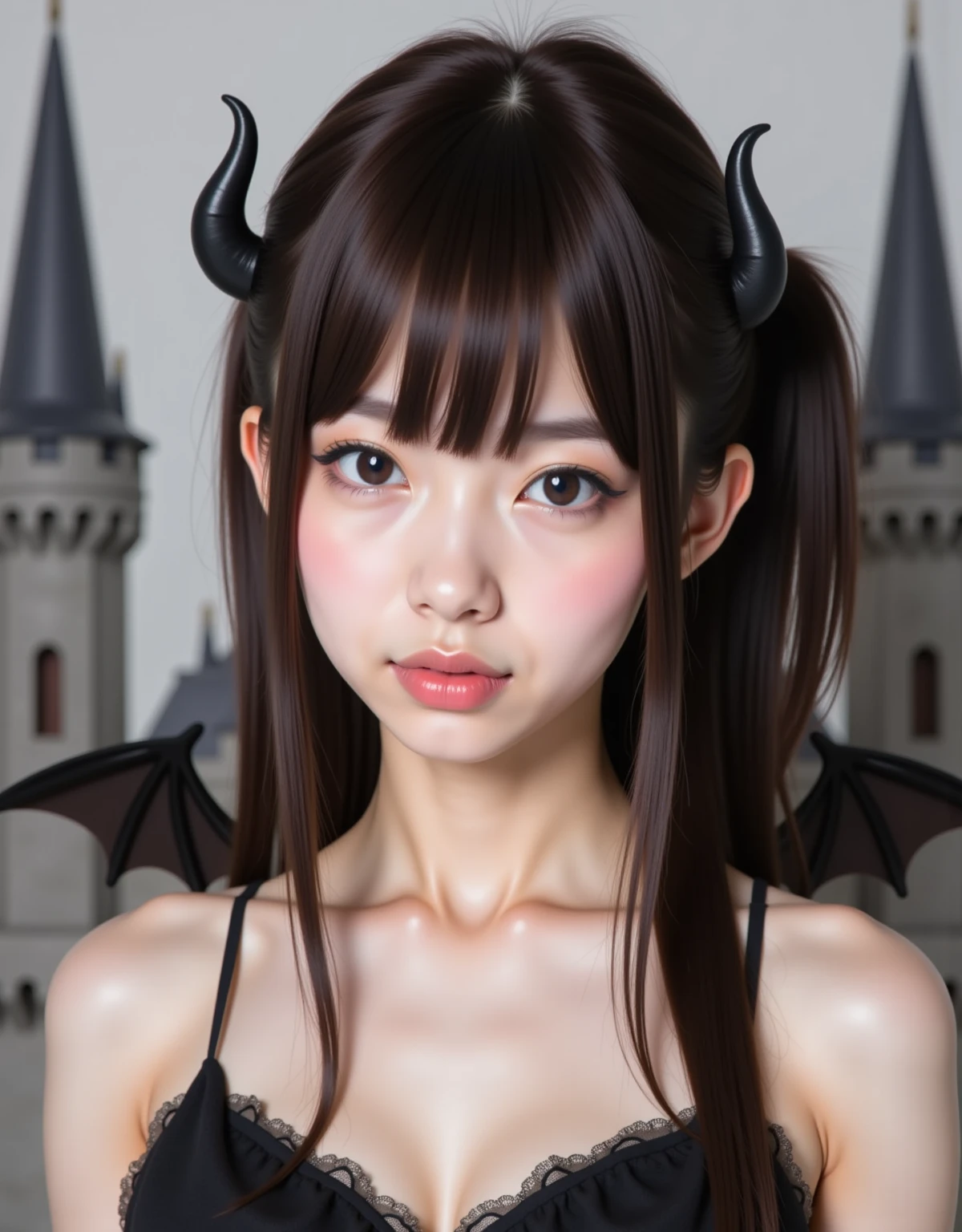 (nude)Very detailed, Seductive erotic woman with horns, A shirt that fits snugly against the skin, (Big Breasts, My chest is so big that it tears my shirt, Redhead), Focus on the face, Focus on the face, Complex eyes,