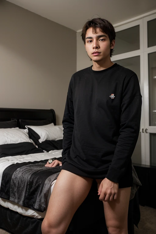 Show your feet clearly, focus in leg, barefoot, Japanese man in his 20s with thick leg hair, black rimmed glasses, shaved sides