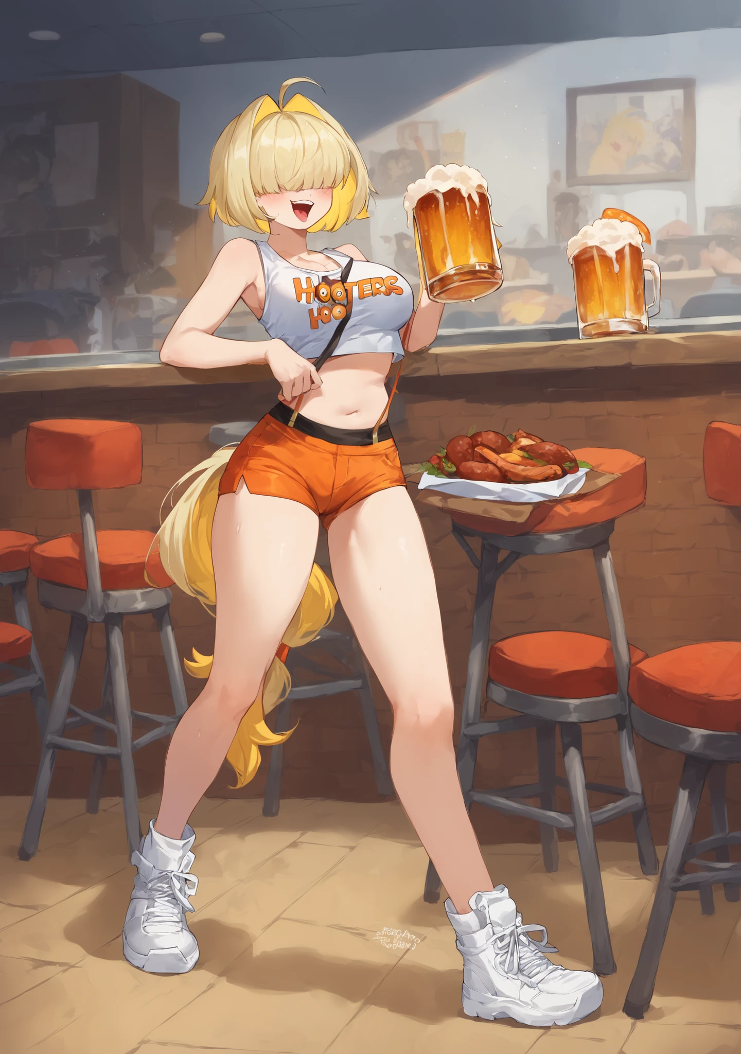 score_9, score_8_up, score_7_up, score_6_up, score_5_up, score_4_up, masterpiece, high quality, BREAK, full body, BREAK,    <lora:Elegg_Goddess_of_Victory_NIKKE_Pony_XL:0.8> elegg (nikke), large breasts, crop top, yellow hair, eyes covered, hair covering eyes, hot pants, breasts,  <lora:HooterOutfit:0.9> hooters logo, short shorts, orange shorts, booty shorts, breasts, owl logo,
