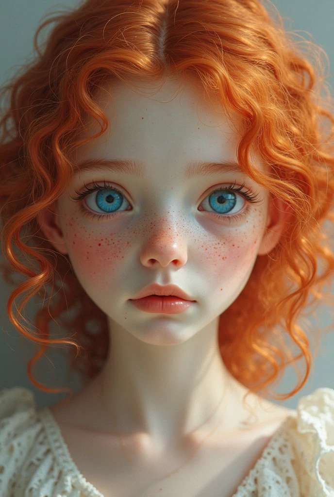 Young girl with pale skin, delicate features, small mouth with full lips, large, deep green eyes, thin eyebrows, with freckles on her face and long, deep orange-red curly hair