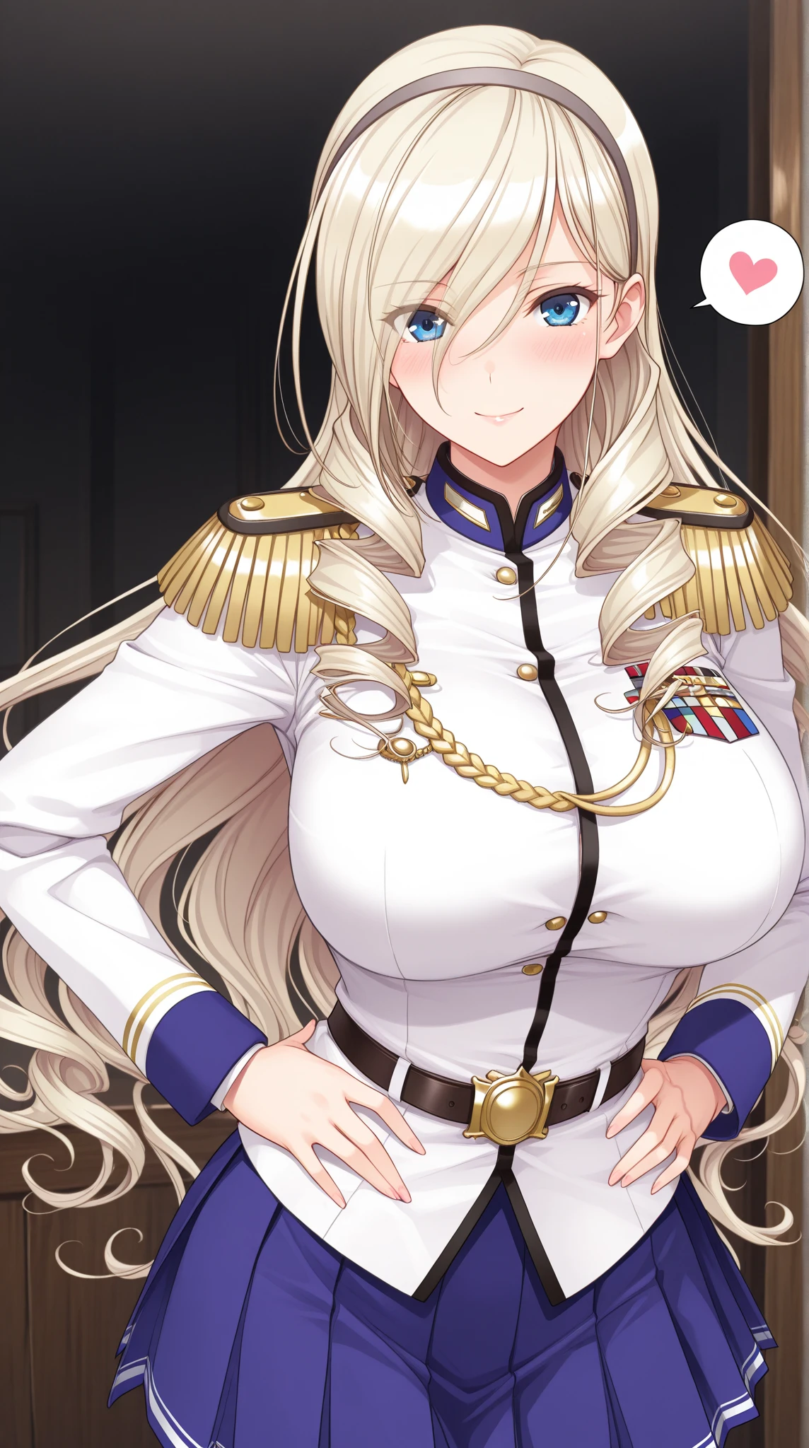 celia\(walkure\), celia\(uniform\),1girl, mature female, solo, big breasts,
Closed eyes,
(white uniform), (white cargo pants), belt, (white shako cap),
best quality, highest quality, ultra-detailed, masterpiece, illustration, ultra detailed background