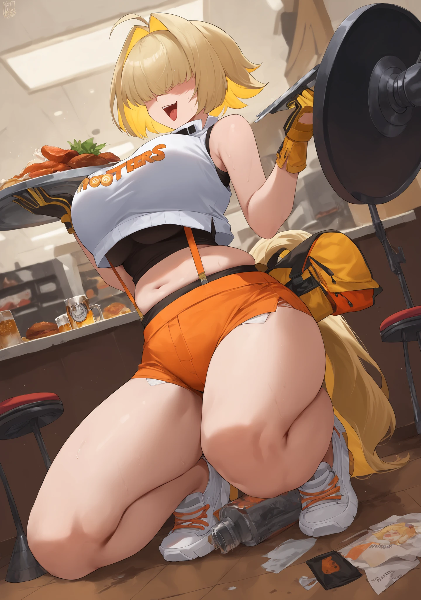 score_9, score_8_up, score_7_up, score_6_up, score_5_up, score_4_up, masterpiece, high quality, BREAK, full body, BREAK, <lora:Elegg_Goddess_of_Victory_NIKKE_Pony_XL:0.8> elegg (nikke), large breasts, crop top, yellow hair, eyes covered, hair covering eyes, hot pants, breasts, <lora:HooterOutfit:0.9> hooters logo, short shorts, orange shorts, booty shorts, breasts, owl logo,