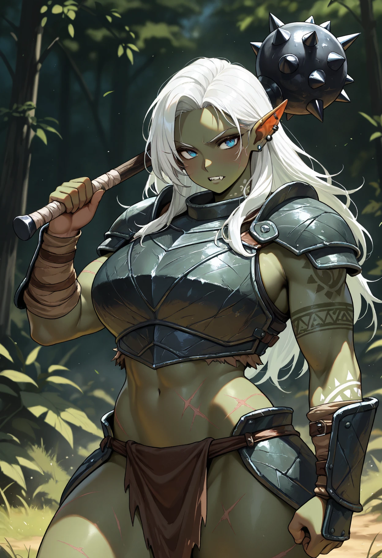 (Reptile tribe demon), fur armor, loincloth, rings, female creature, prehistoric era, looking at viewer,