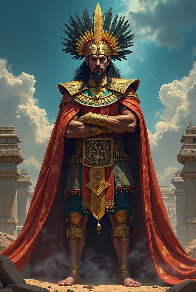 Aztec warrior with the decapitated head of a jaguar in his hand the Aztec sitting on a throne