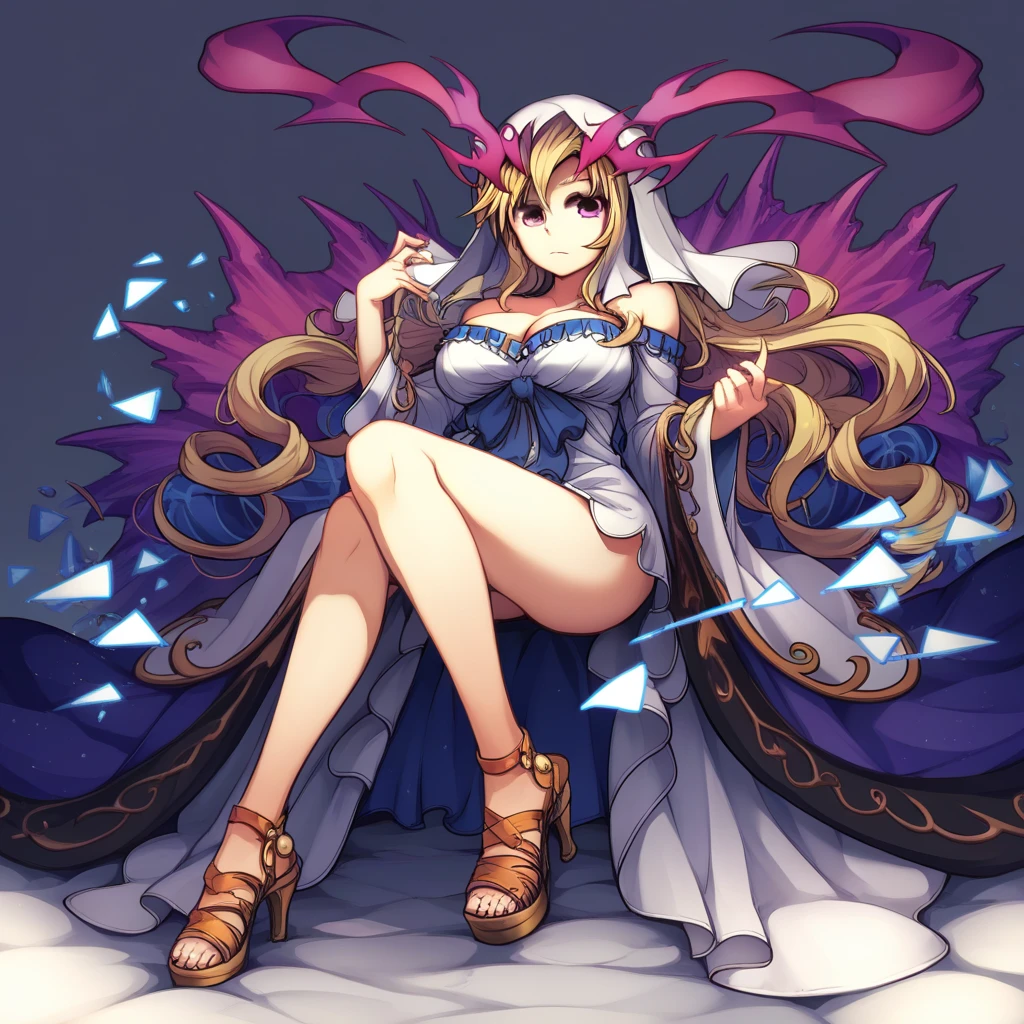 Perfect body, perfect face, perfect hands, perfect eyes, 1goat woman, goat ears, yellow horns, goat tail, long curly pink hair, red flowers crown, blue eyes, pink lipstick, serious face, yellow necklace, white long-sleeved dress with pink flower print, yellow sandals, big breasts, big ass, golden scepter in hand, temple background