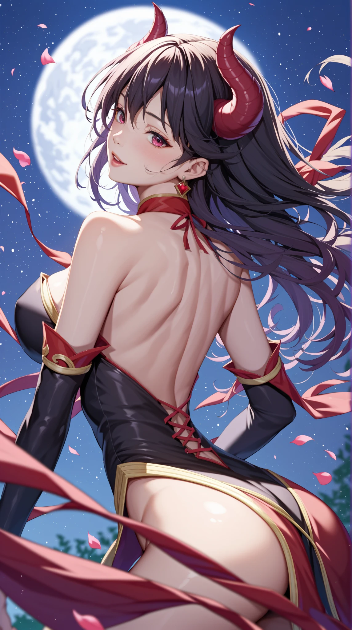 A captivating anime-inspired scene of a stunningly beautiful young woman meditating serenely at the edge of the Atlantic Ocean shore. Her dark brown hair billows gently in the breeze, framing her gracefully arched back and revealing a captivating tattoo. The warm sunset casts a vibrant and magical glow over the surroundings, with a blend of vibrant colors and mysterious elements immersing the viewer in an otherworldly experience. The seductive figure wears a light, semi-transparent flowing dress and a thread-thin thong, highlighting her toned and alluring body. The dark fantasy atmosphere is further enhanced by the enchanting blend of vibrant colors and mysterious elements, transporting the viewer into a mesmerizing world., anime, dark fantasy, vibrant