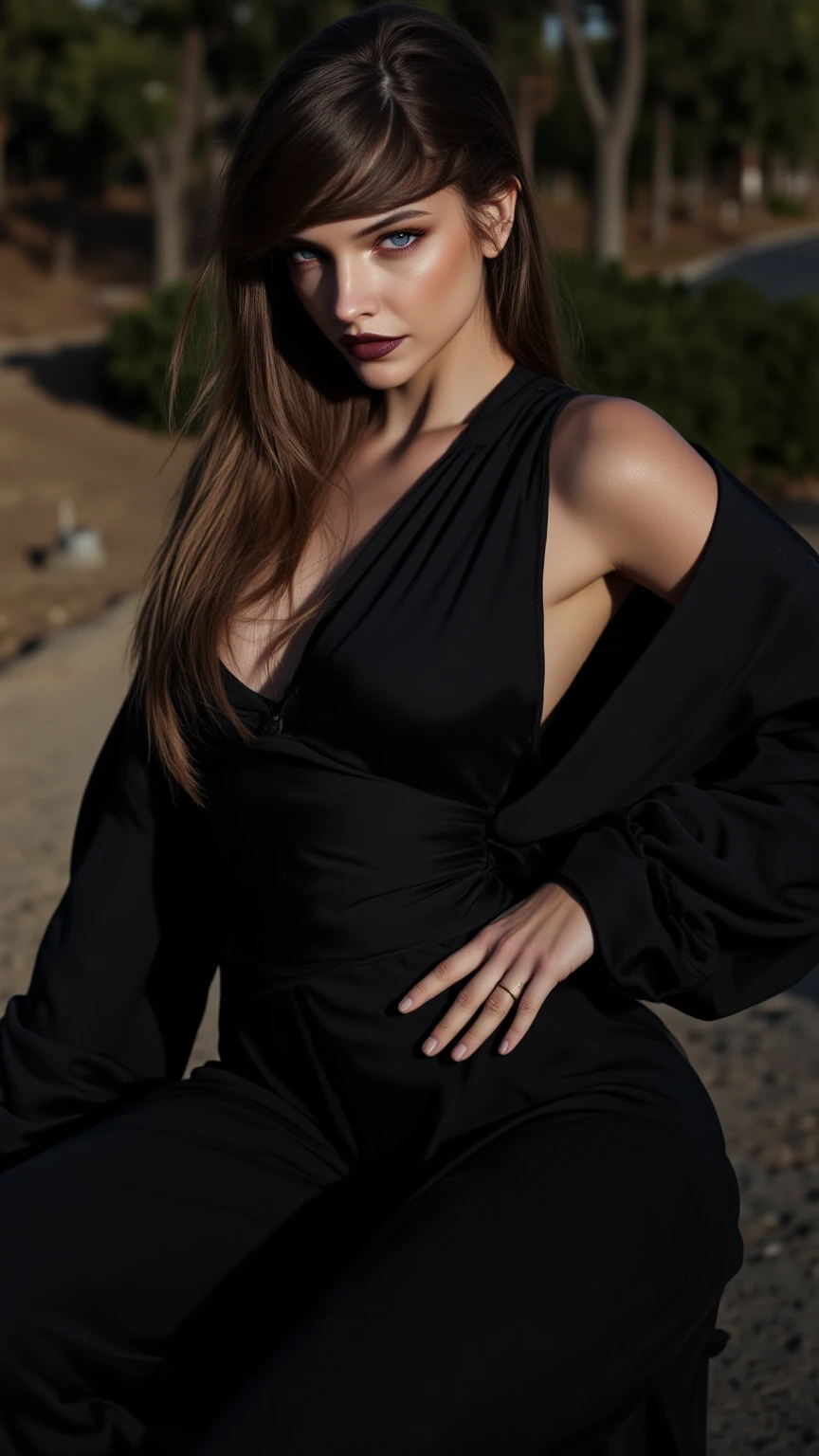 Masterpiece, a beautiful brunette woman, ((sophie mudd:ana de armas:0.5)), (high detail plunging black gothic dress medium breasts), (perfect body), (medium lenght brown hair), outside, (skin texture:1.1), best quality, ultra high res, Raw photo, Nikon D850, backlight, rimlight, bright sunlight, film grain:1.2, (warm hue, warm tone:1.2), (color photo)