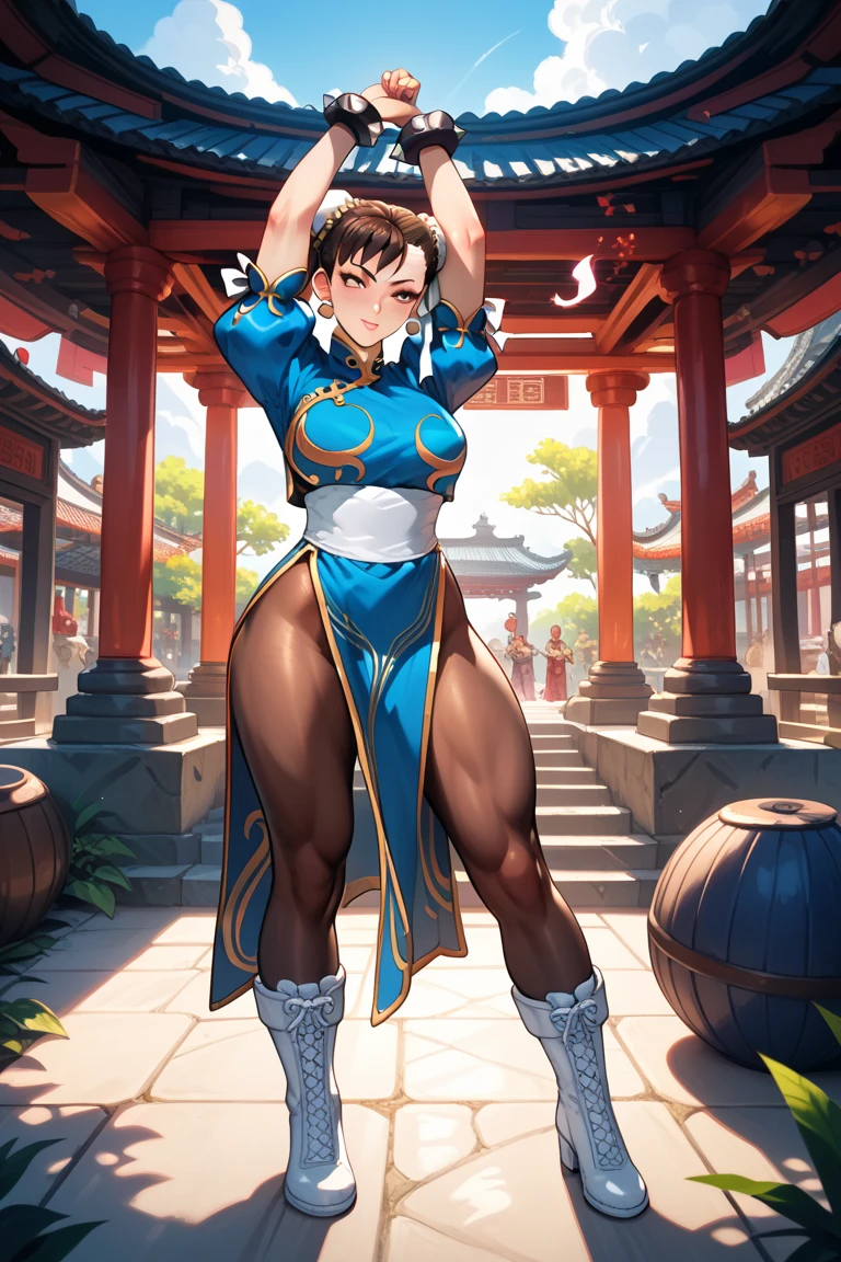 Chun li, showing armpits and pussy half naked. Smiling, full body, white boots. Iphone wallpaper, forest background.