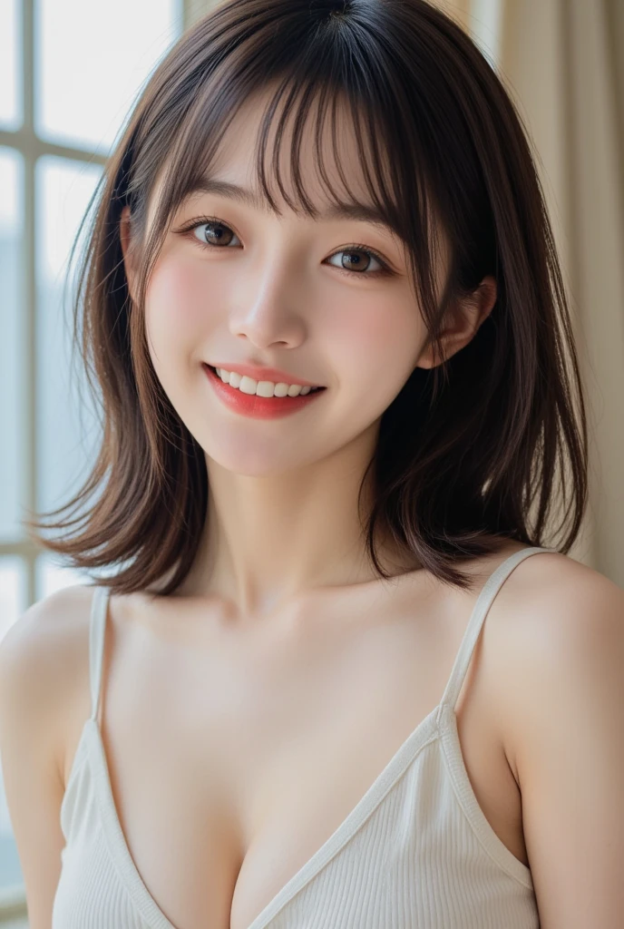 Tabletop, Highest quality, shape, Very detailed, finely, High resolution, 8k wallpaper, 完璧なダイナミックな構shape, Beautiful and exquisite,ランダムなcute髪,,Natural color lip, 20-year-old girl、cute、Always blur the background,Perfect and beautiful face,Slim face and figure,Big eyes、Putting on gal makeup,Small face,smile,Blurred Background,Elegant feminine face、smile、Real Photo、Raw photo、Real human skin,finely描かれた肌:1,4、Normal anatomy