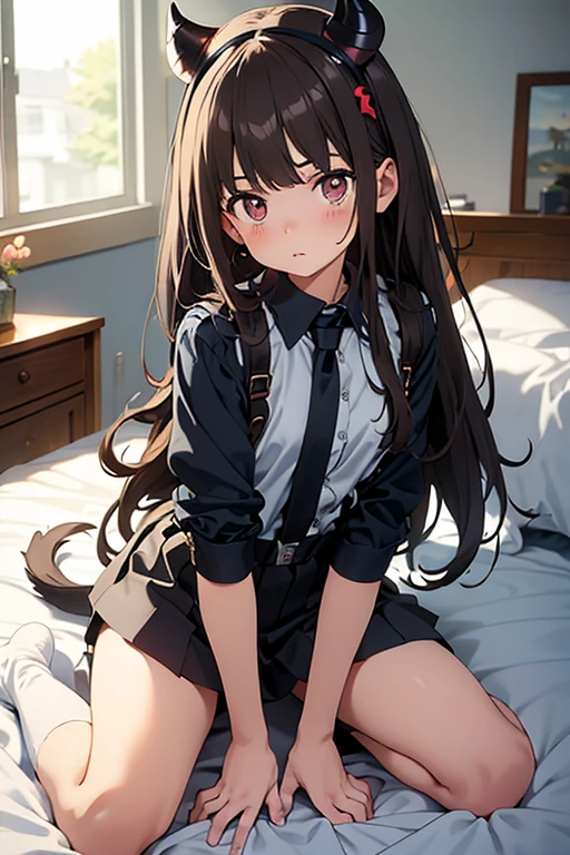 Italian girl, 25 years old, very long brown hair, busty, wearing a small shirt, wearing a black pleated miniskirt, hair covering her breasts, bare feet, bedroom