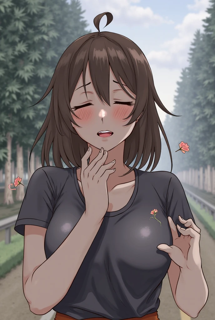 beautiful, (masterpiece:1.2), (best quality:1.2), perfect eyes, perfect face, perfect lighting, (1girl), <lora:Shinobu_Miyake:0.65>,nude, upper body focus, hell background, forest background