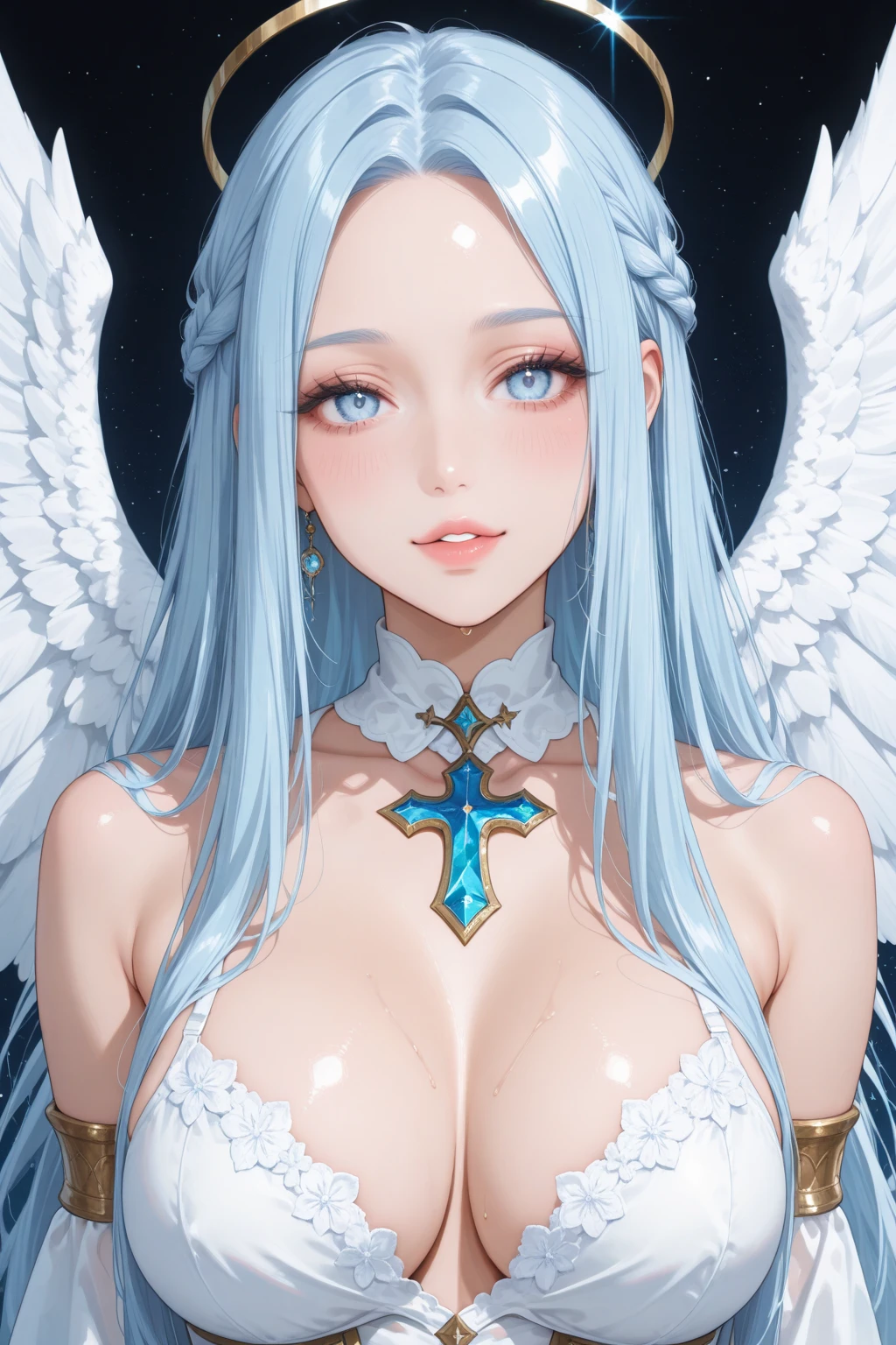 Very cute angel 10 year old girl、(normal chest)、white colored hair、long hair、Blue eyed ocularist eyes、(topless)、not wearing panties、null、god々new light