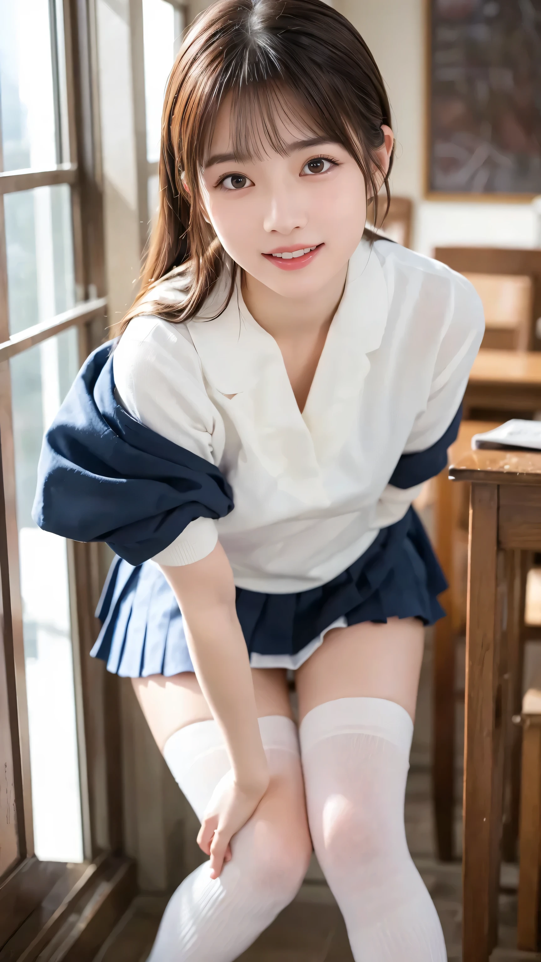 ((masterpiece)), ((Highest quality)), (Very detailed), Confused, Very detailed CG Unity 8k 壁紙, Official Art, Accurately depict shapes, Beautiful Face, Expressive eyes, Looking at the audience, alone, close, scenery, Captivating smile, 1 Girl, (Mature Woman, older), Mature Woman, Maternal, Wide Hips, bent, clavicle, lips, High resolution、 (Schoolgirl Uniform), (Schoolgirl skirt ), (White thigh-high socks), pantyhose,