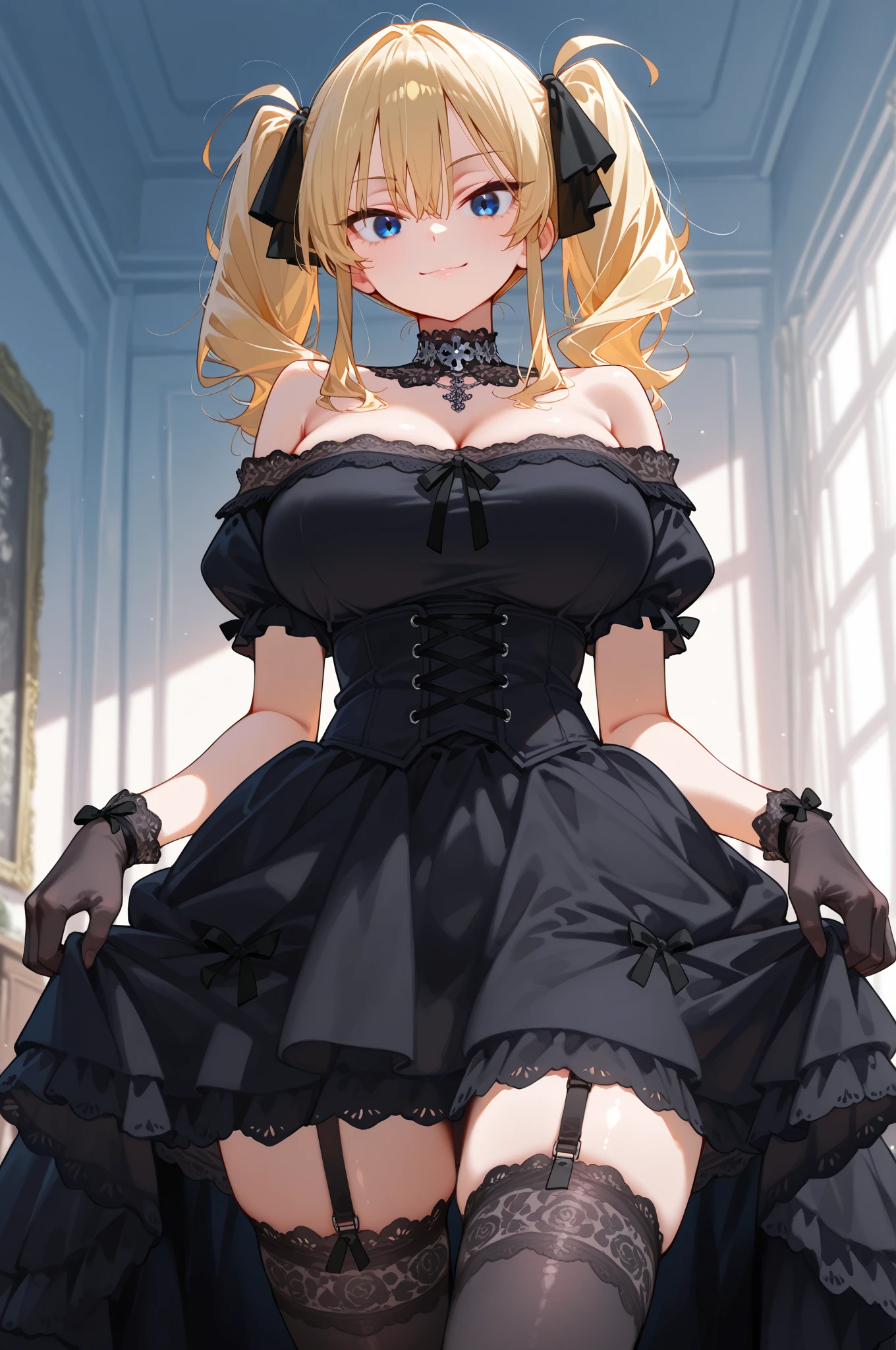 ((8-year-old girl))、((Blonde,short hair, Twin tails, Two Side Up Hair,Curly Hair))、((Very large breasts))、Cleavage、,(Highest quality), Realistic, (live-action, Intricate details), ((Immature girl))、((Young body))、((エッチなGothic Lolita)), ((Open lips))、((big blue eyes)),((Bedroom))、((Gothic Lolita))、Are standing、Cowboy Shot
