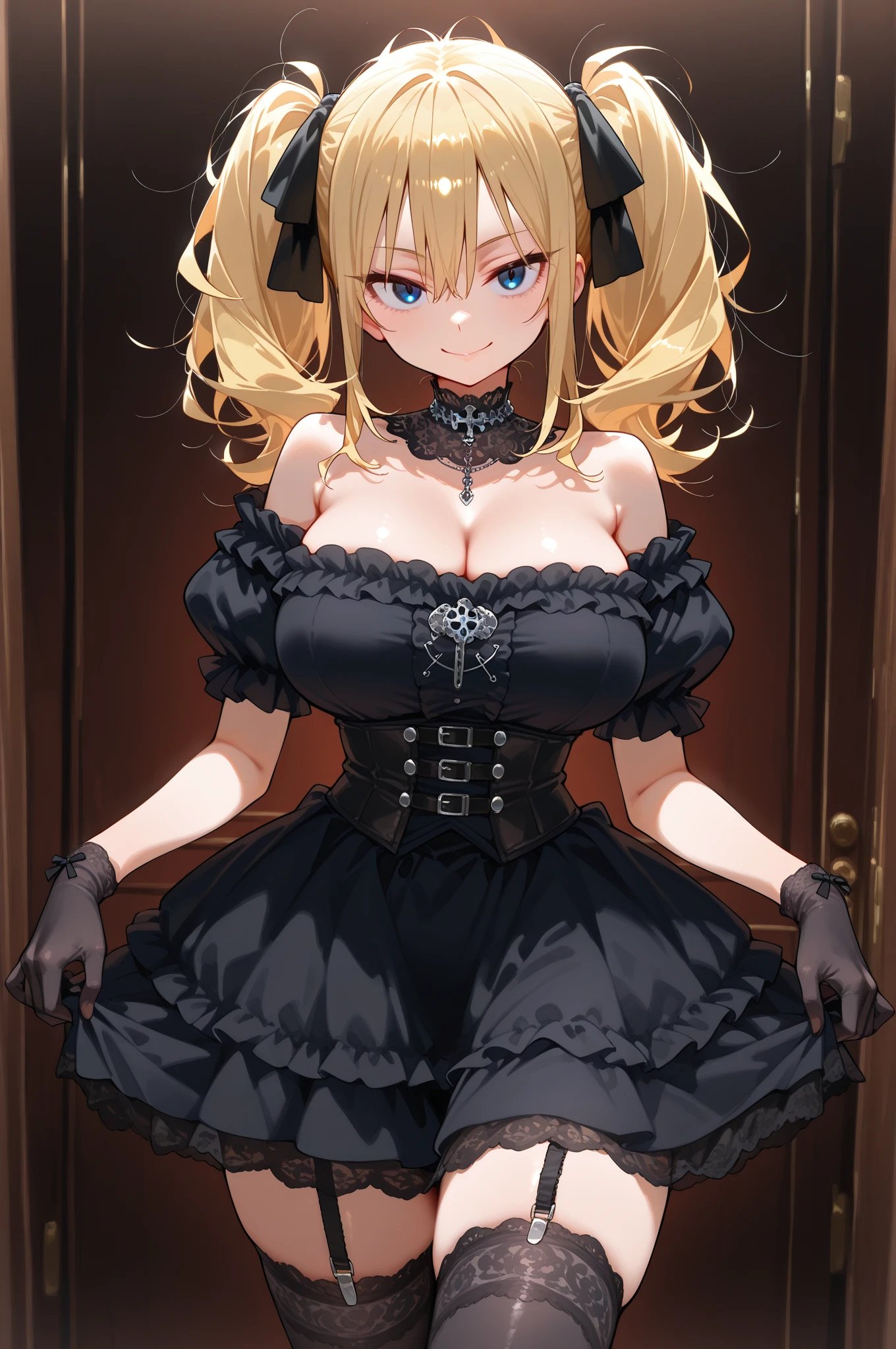 masterpiece, Highest quality, (anime screencap:1.3),(shape), cute,(Simple:1), (anime:1.2),Solo Sharp Focus, 1 Girl, Cleavage,Looking at the audience,night,（starlight,starry sky1.1）,Blonde,((mini skirt)),Are standing, Twin tails,summer ,((Black Gothic Costume)),Red ribbon,Gothic,,Black Lolita Fashion,Gothic Bonnet,Hair Ribbon,Cowboy Shot,Daytime,,,Large Breasts,,（Absolute region 1.1),（Braided Boots 1.1),Browsing Caution,