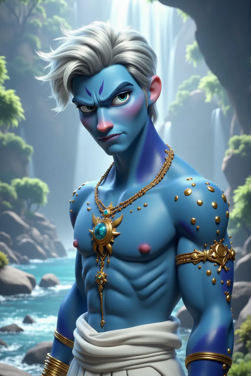 (((masterpiece))), (((Highest quality))), ((Super detailed)), (Highly detailed CG illustrations), ((Very delicate and beautiful)), Cinematic Light,((1 person)), alone, (Upper Body), (Character Focus), Absurd, High Contrast, Very detailed, colorful, Most detailed, sf, (Light blue hair), blue eyes, Six Pack Abs, Broad bear chest, topless, penis