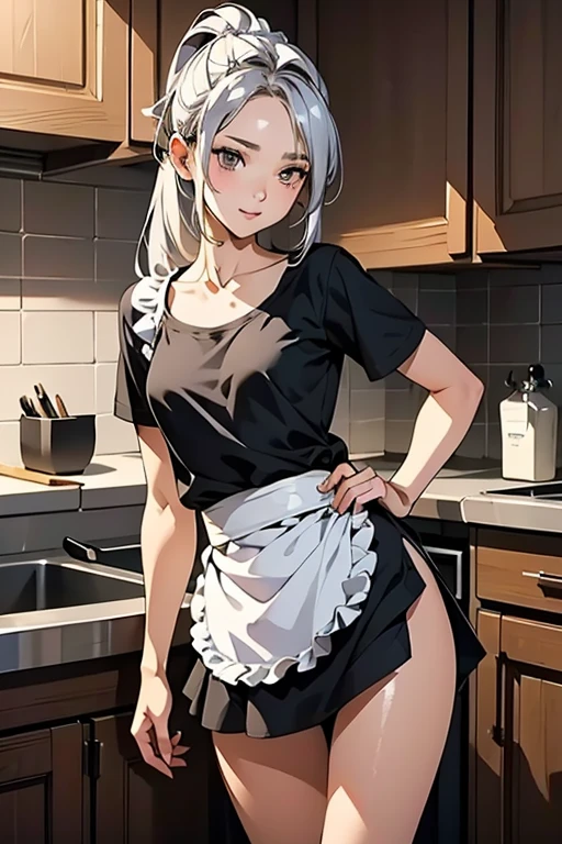 (A masterpiece of image quality in 8K),(from below:1.2),(Beautiful Allafed Woman),(((emphasizing breasts:1.0))),(Dynamic angles),(Dynamic and sexy bending pose:1.3),(sit a chair:1.3),(Short hair in shiny silver and orange inner colors,(perky chest:1.1), (pointed chest:1.3),small full breasts,Disturbance of clothing due to movement,breast slip,(Ponytail twisted buns adorned with elaborate braids and beads,Braided Setup Fishbone Hair,),(see-through bangs),small breasts、(((A white lace apron that shows your bare skin from under your small breasts)))、Blush with embarrassment、Enraptured eyes、A smile that beguiles the viewer、(Look back:1.2)、Look into the photographer,skin glistening with sweat,gazing at viewer,,(Professional Lighting),(8K,masutepiece,top-quality,Ultra-high resolution output image,),(Ultra HD with complex detail image modes),depth of fields,Beautiful hands,Beautiful fingers,Detailed finger features,(Detailed hair features:1.7),detailed facial features,detailed clothes features,