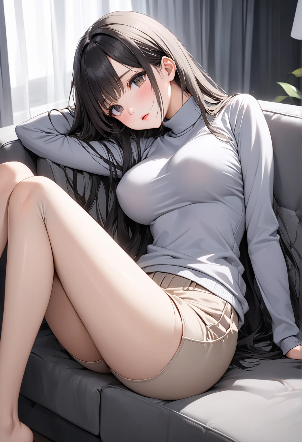 Kawaii Girl、spread legswide、very thick eyebrows、Realistic、Wearing white pants、big eye、hyperdetailed face