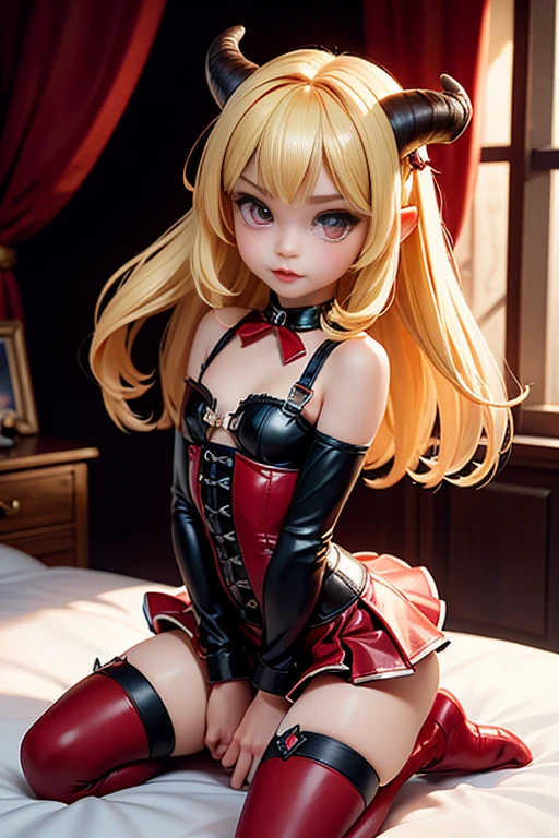 hyperrealistic 14 year old girl, blonde, little, perfect tiny body, sexy, dark makeup, perfect slim face, big red lips, very cute face, tiny body, big eyes, young looking, childish looking